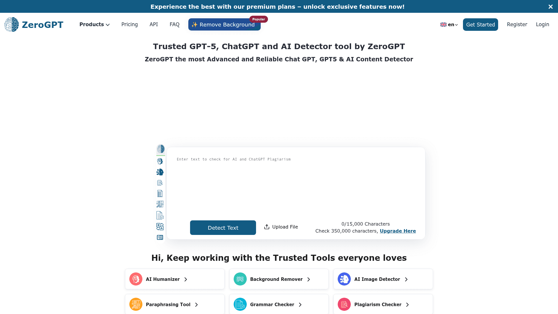 Interface ZeroGPT, Detector de IA Confiável e Avançado, exibindo funcionalidades