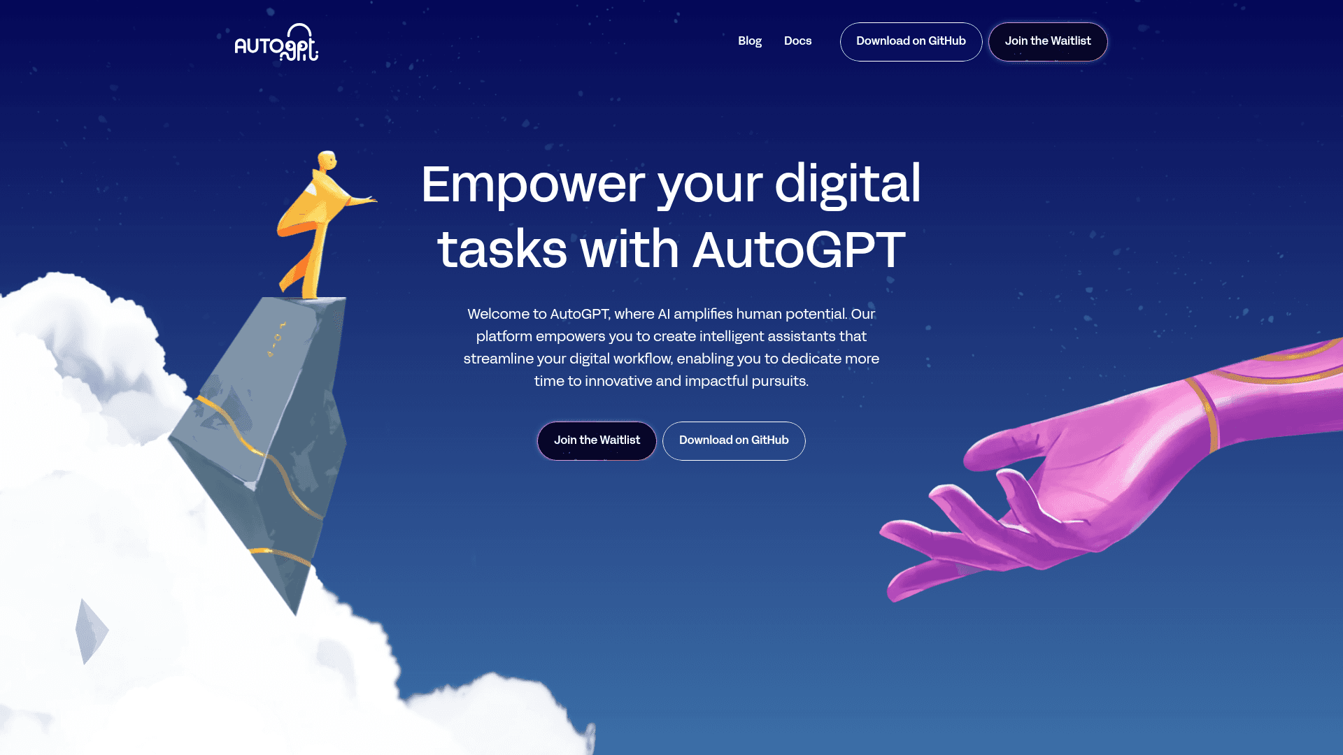 Interface AutoGPT, Automatize Tarefas Digitais com IA (2026), exibindo funcionalidades