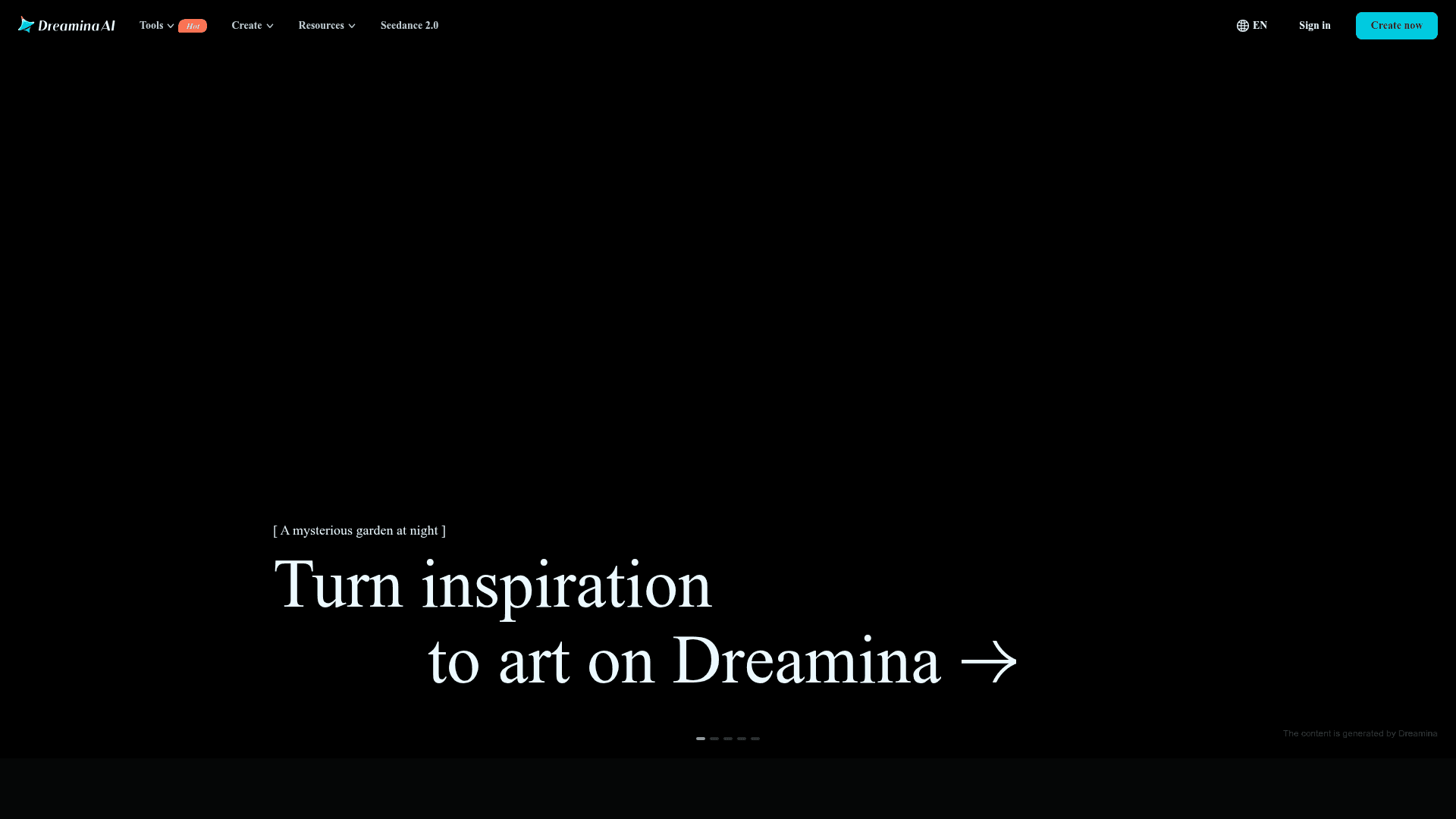 Interface Dreamina, Crie Arte com IA em Segundos, exibindo funcionalidades