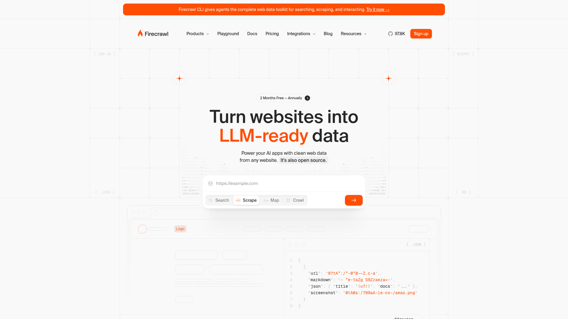 Interface Firecrawl, Transforme Sites em Dados para LLMs, exibindo funcionalidades