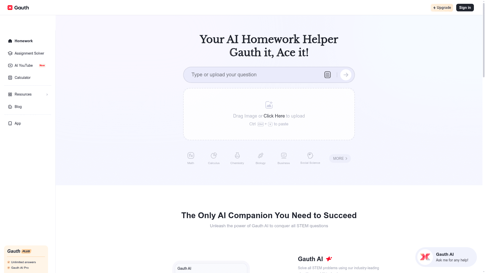 Interface Gauth, Seu Assistente de IA para Dever de Casa, exibindo funcionalidades