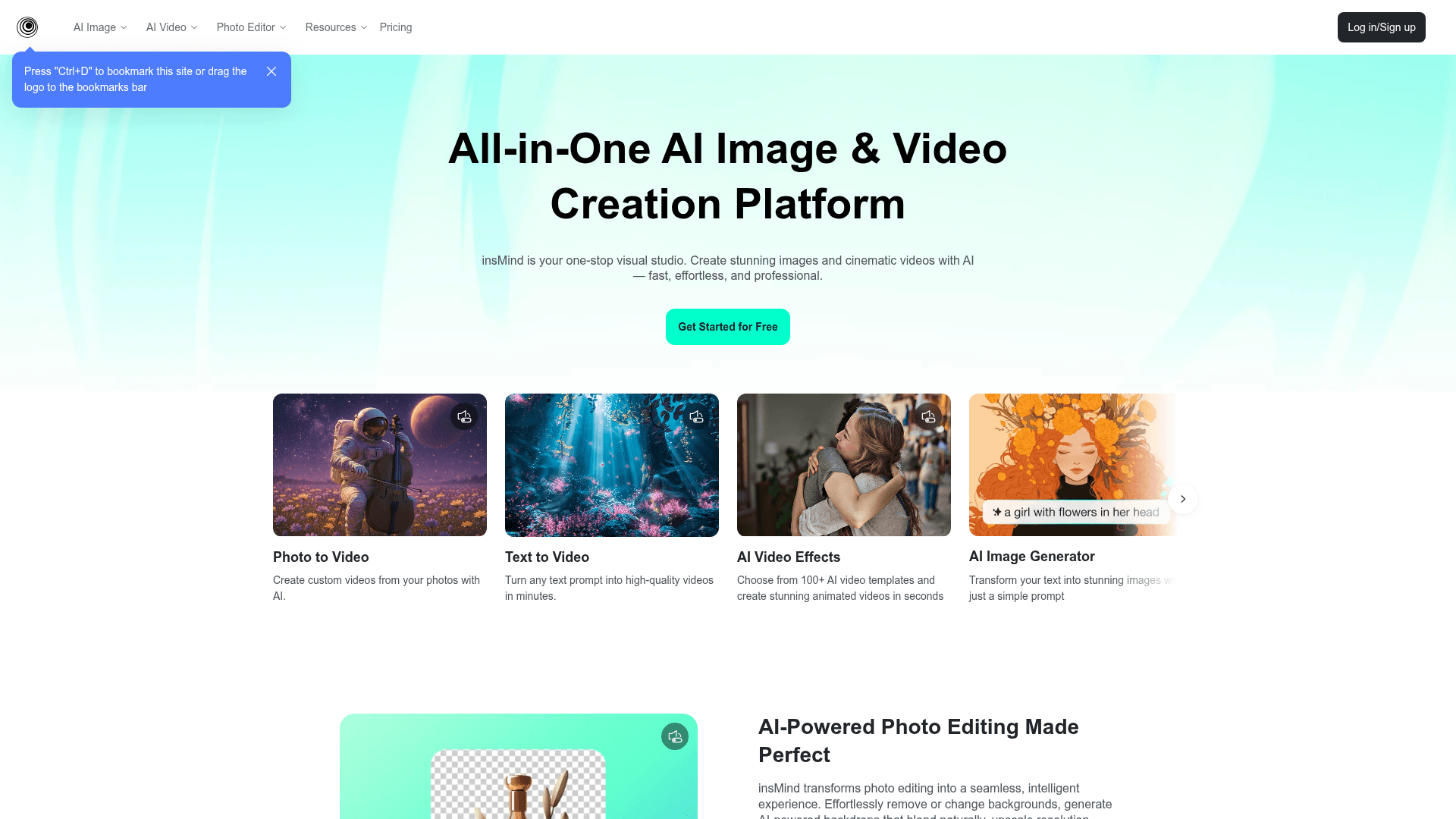 Interface insMind, Plataforma Completa de Criação de Imagens e Vídeos com IA, exibindo funcionalidades
