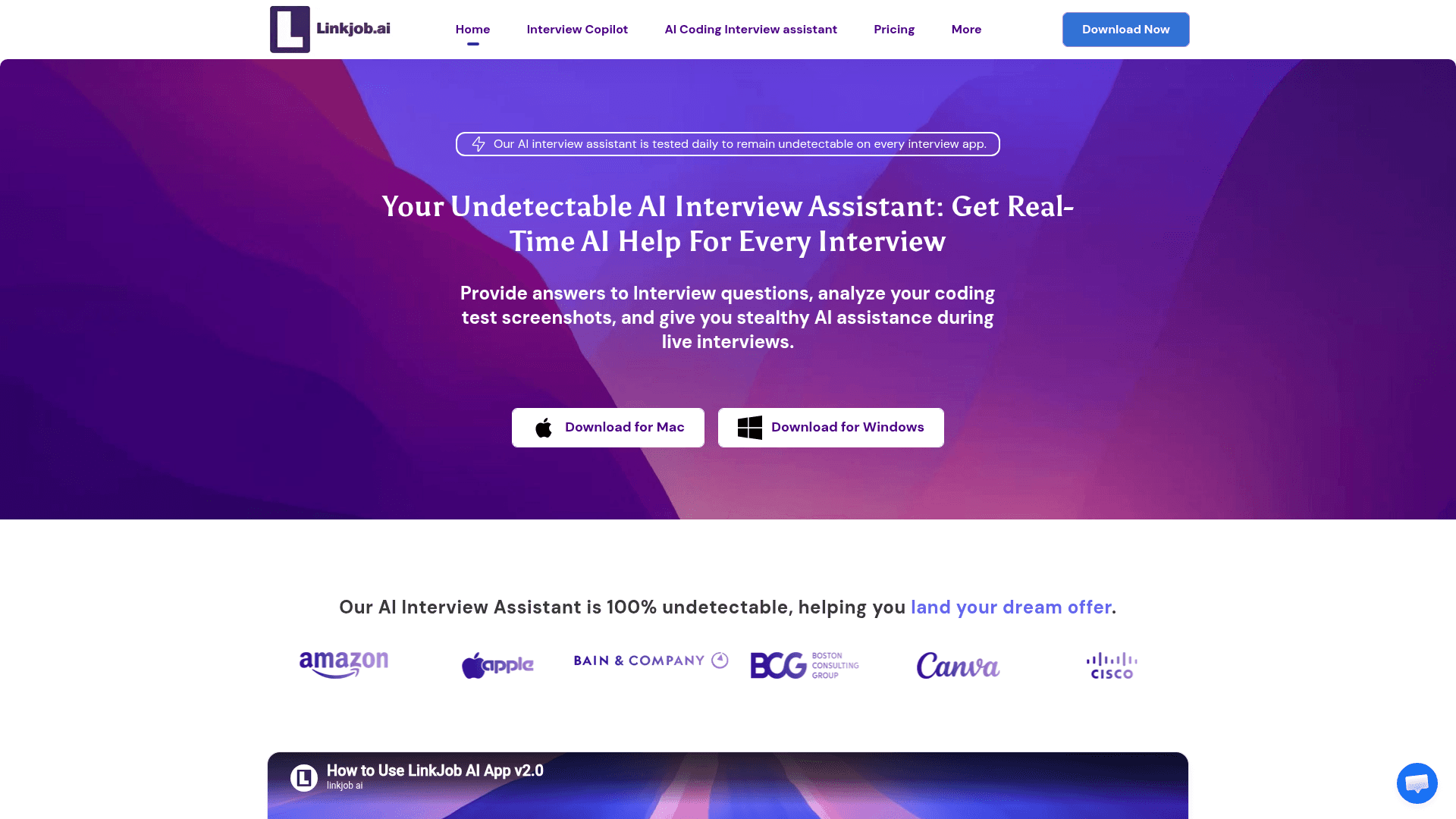 Interface Linkjob AI, Seu Assistente de Entrevista Indetectável, exibindo funcionalidades