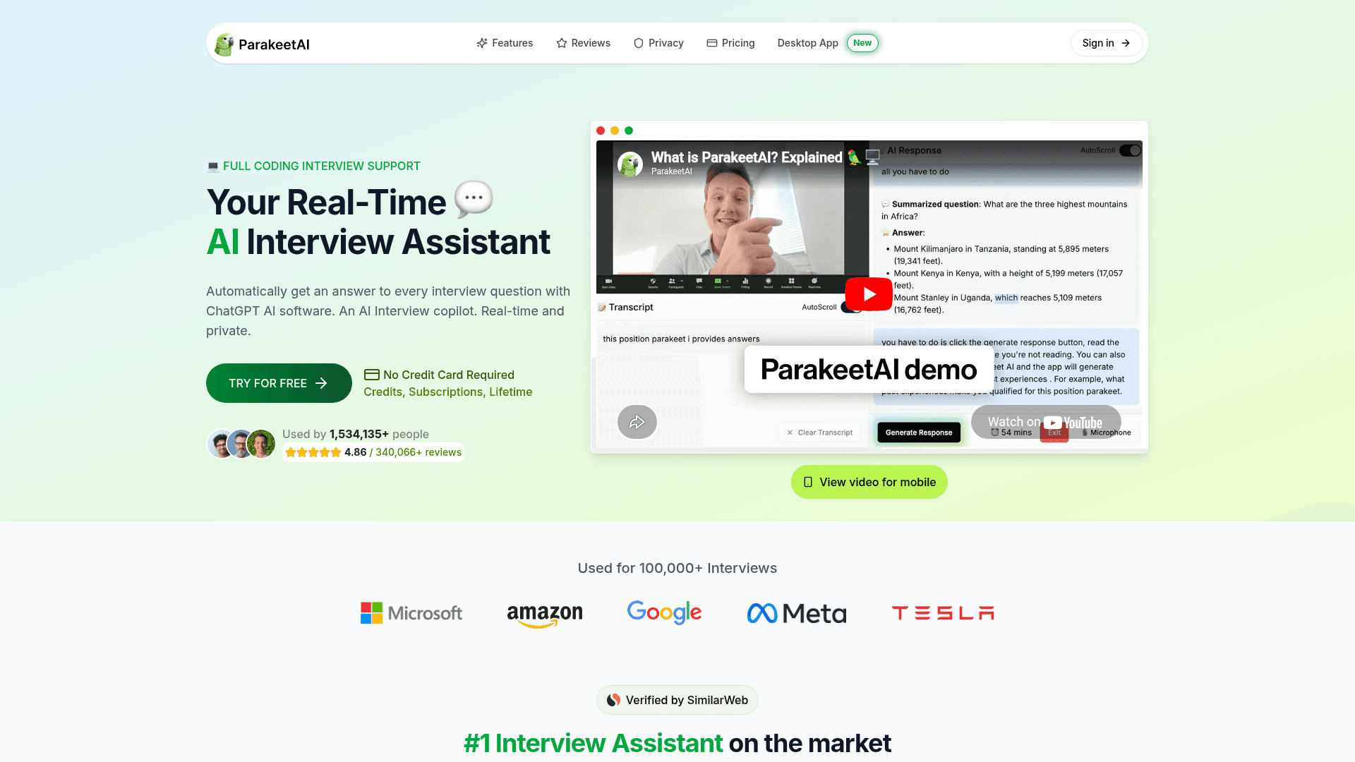 Interface ParakeetAI, Seu Assistente de Entrevista com IA em Tempo Real, exibindo funcionalidades