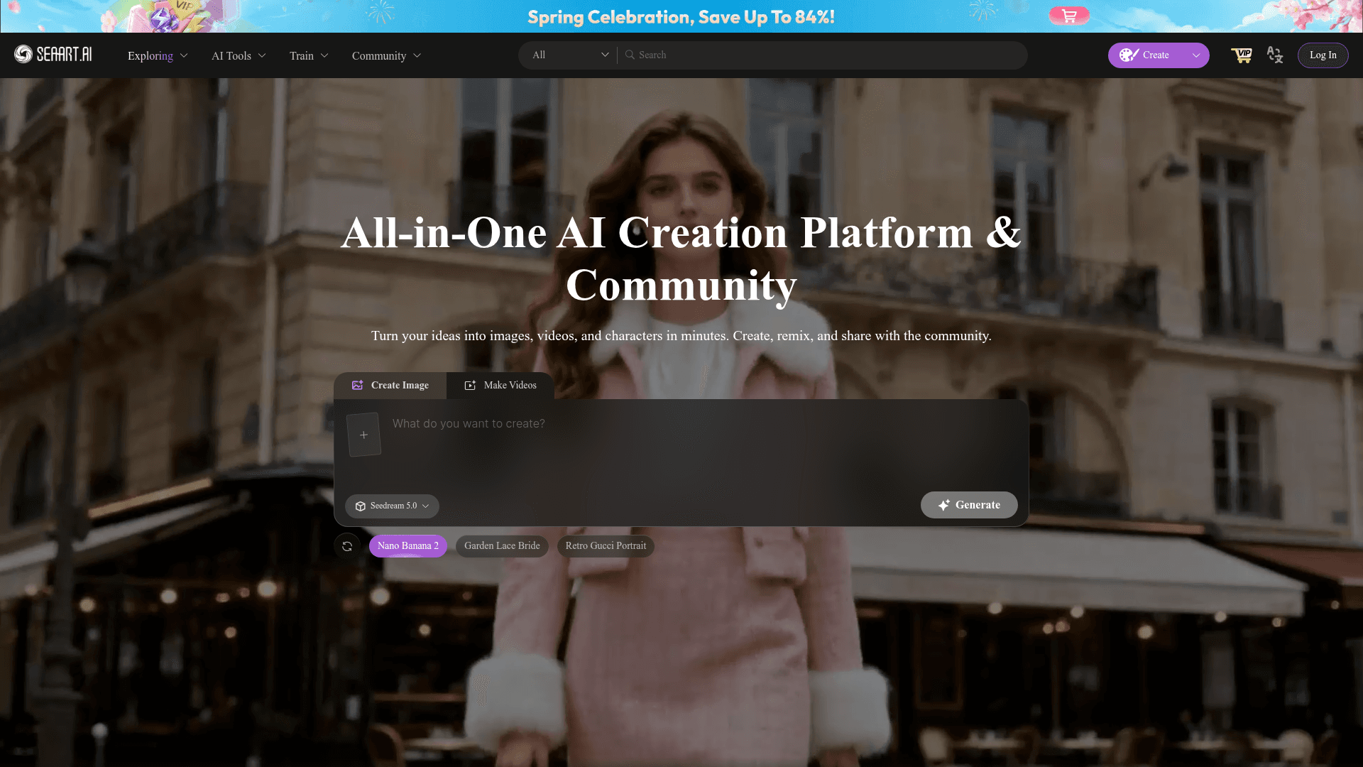Interface SeaArt, Sua Comunidade Criativa de IA Completa, exibindo funcionalidades