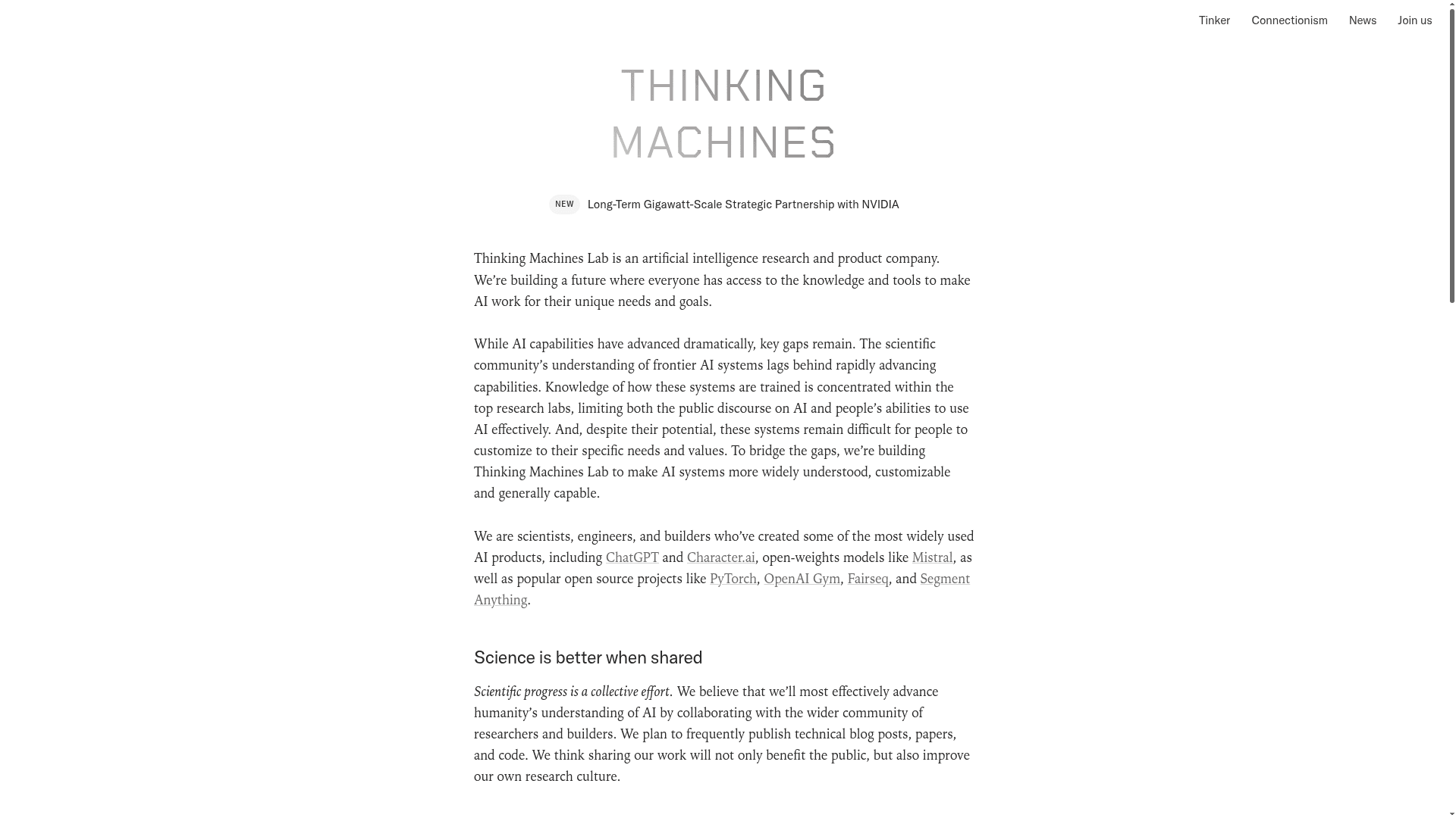 Interface Thinking Machines Lab, Inovação em IA para Todos, exibindo funcionalidades