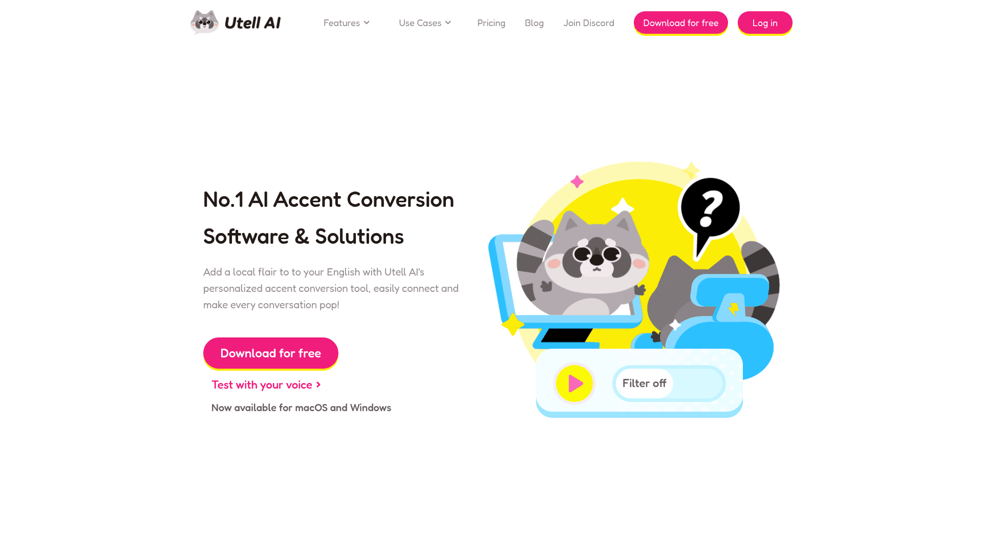 Interface Utell AI, Conversão de Sotaque e Tradução Precisa, exibindo funcionalidades