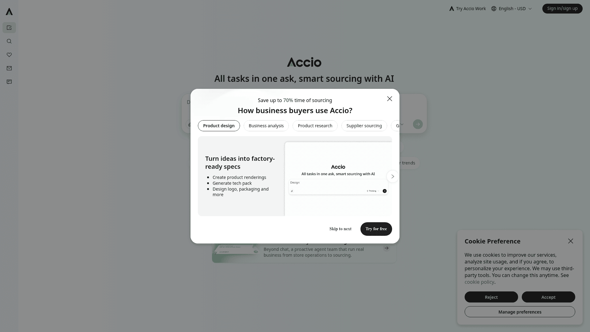 Interface Accio, Sourcing Inteligente com IA, exibindo funcionalidades