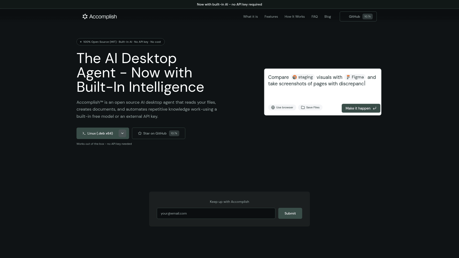 Interface Accomplish™, Agente de IA para Automação de Tarefas no Desktop, exibindo funcionalidades