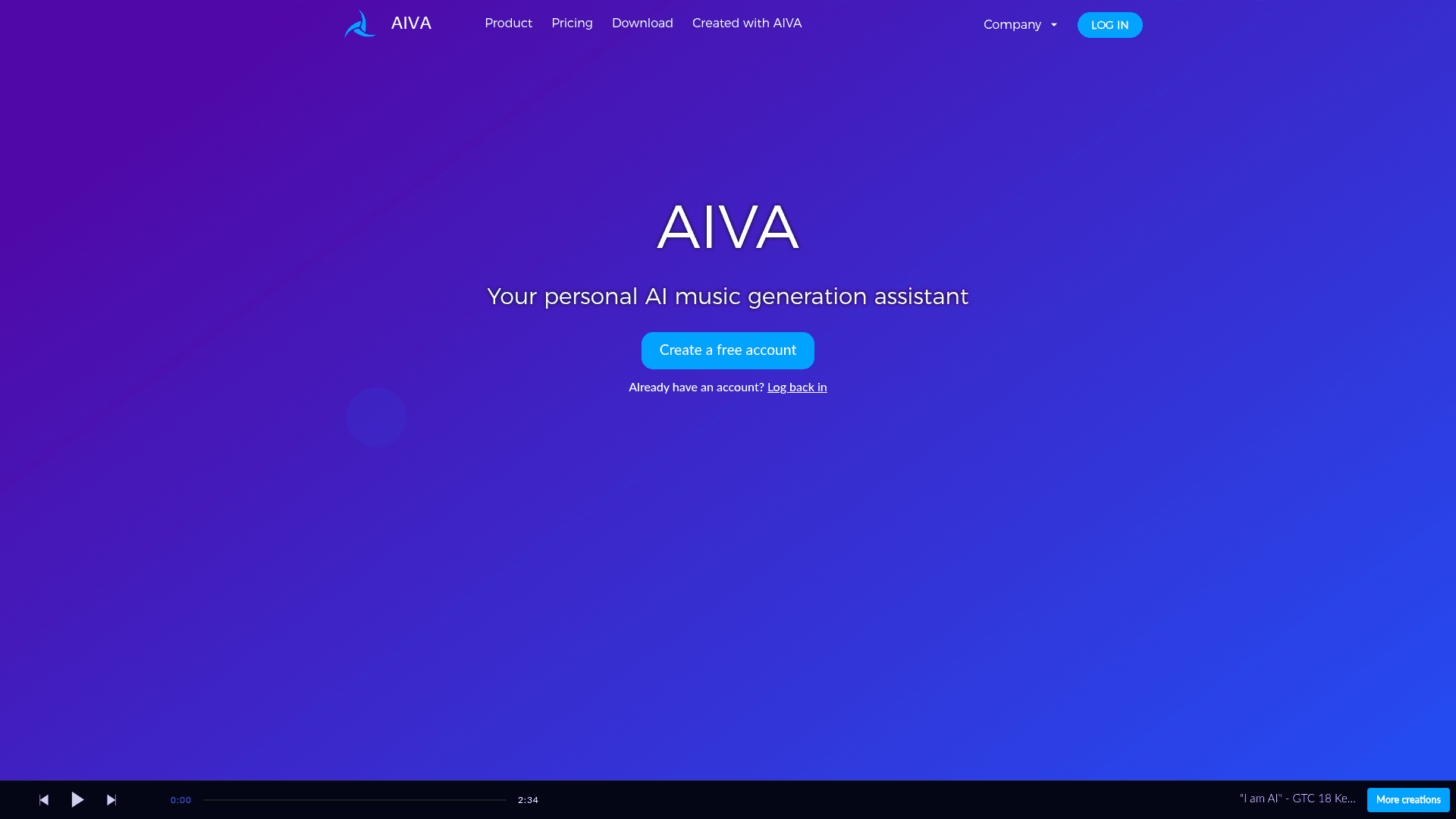 Interface AIVA, Gerador de Música com IA em Segundos, exibindo funcionalidades