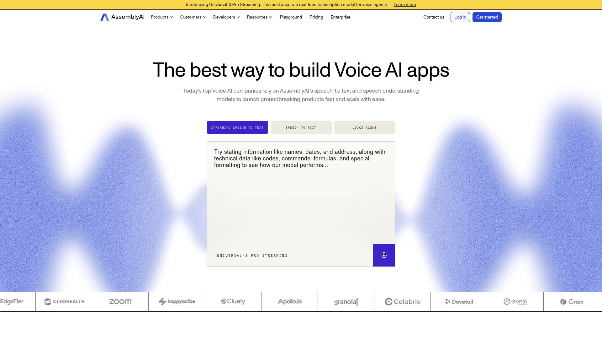 Interface AssemblyAI, A melhor forma de criar aplicativos de Voice AI, exibindo funcionalidades