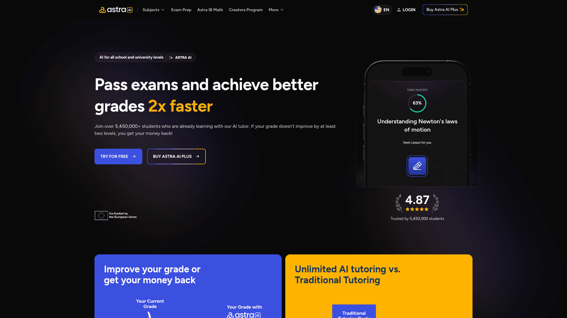 Interface Astra AI, Seu Tutor de IA para Sucesso Acadêmico, exibindo funcionalidades