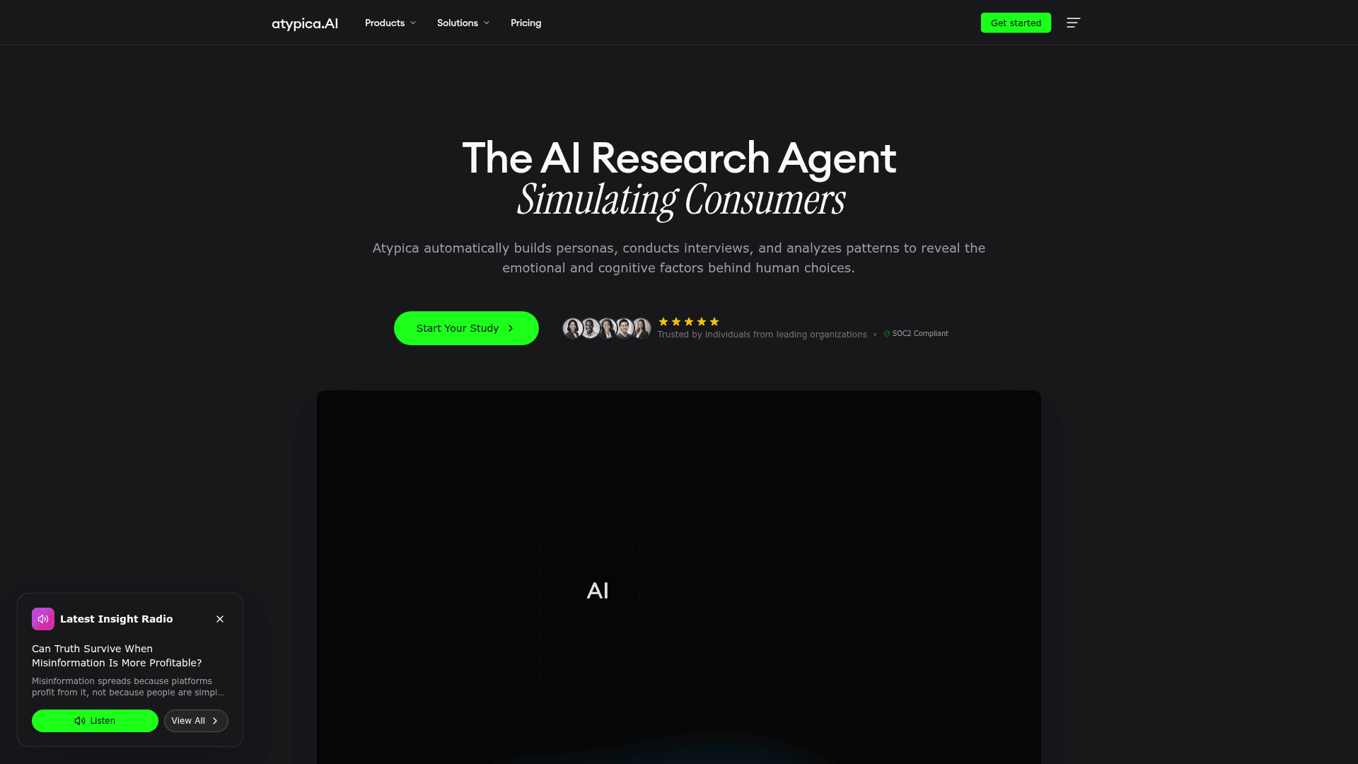Interface Atypica, Agente de Pesquisa de IA para Simulação de Consumidores, exibindo funcionalidades