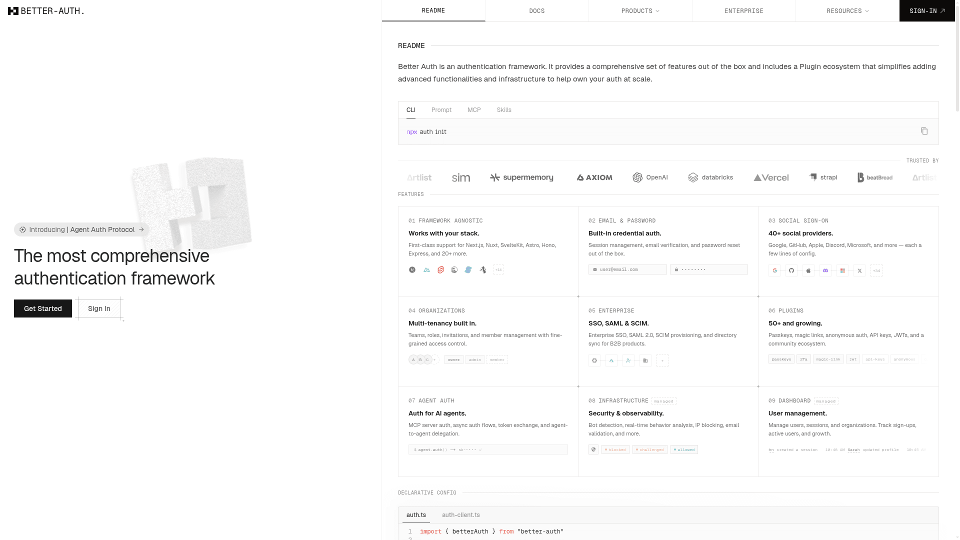 Interface Better Auth, O framework de autenticação mais completo, exibindo funcionalidades