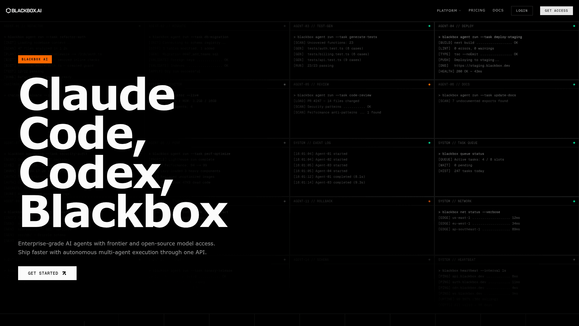 Interface Blackbox AI, Agentes de IA para Desenvolvimento Ágil, exibindo funcionalidades