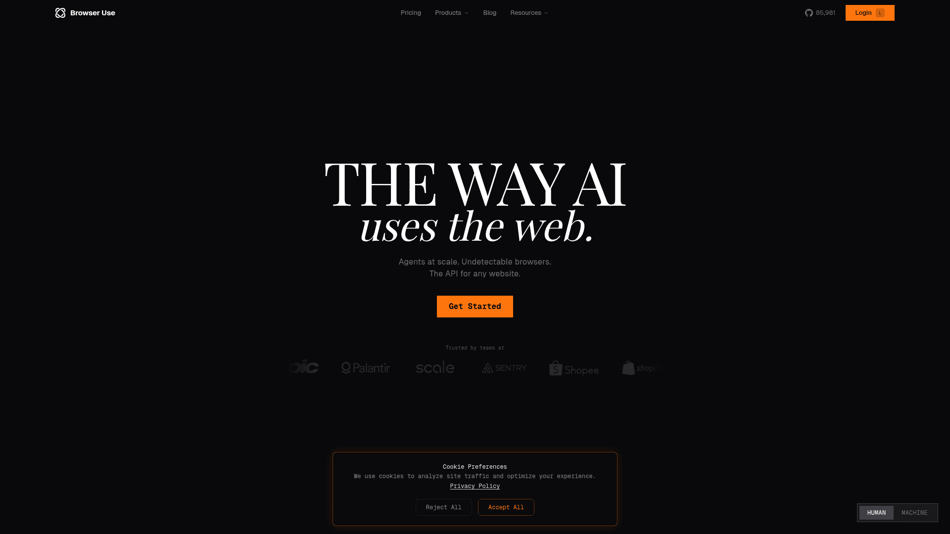 Interface Browser-Use, Agentes AI em Escala e Browsers Indetectáveis, exibindo funcionalidades