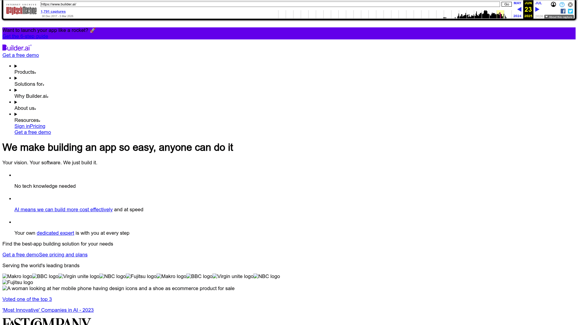 Interface Builder.ai, ferramenta de IA para ⚠️ descontinuado, exibindo funcionalidades