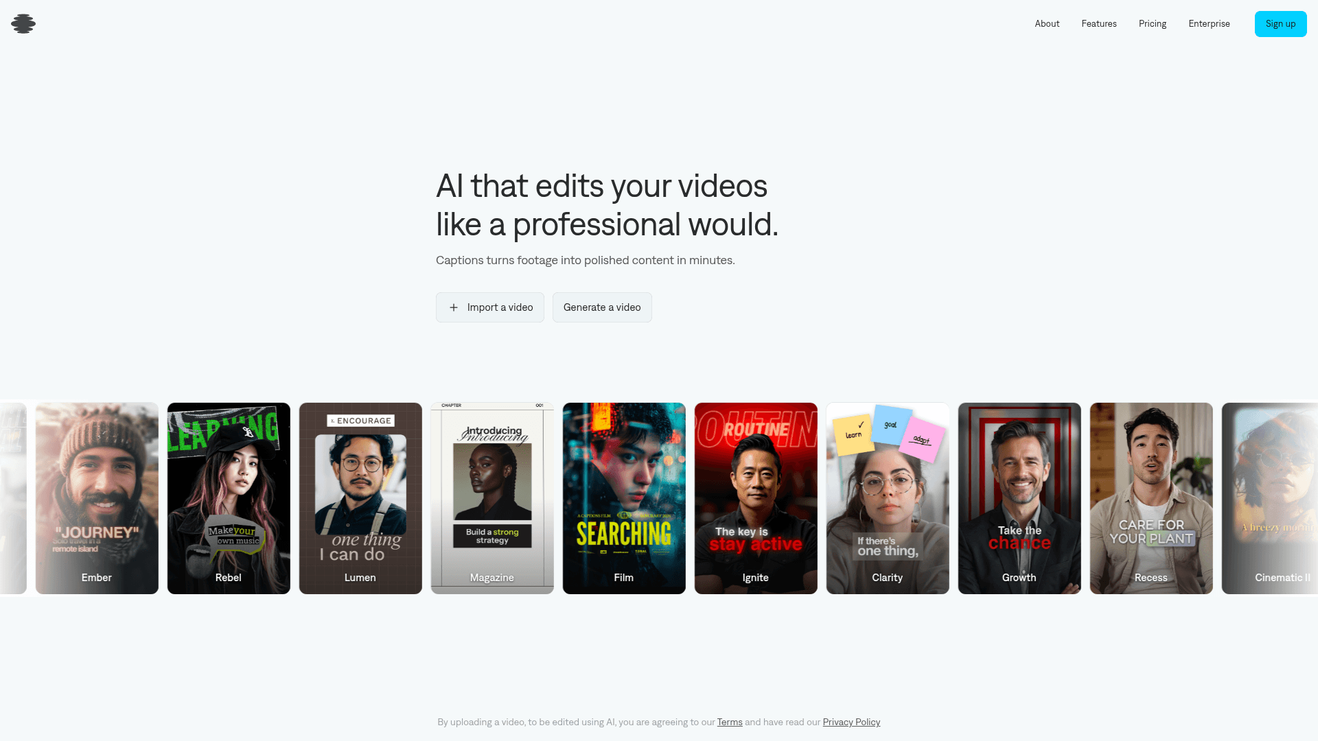 Interface Captions, Edição Profissional de Vídeos com IA, exibindo funcionalidades
