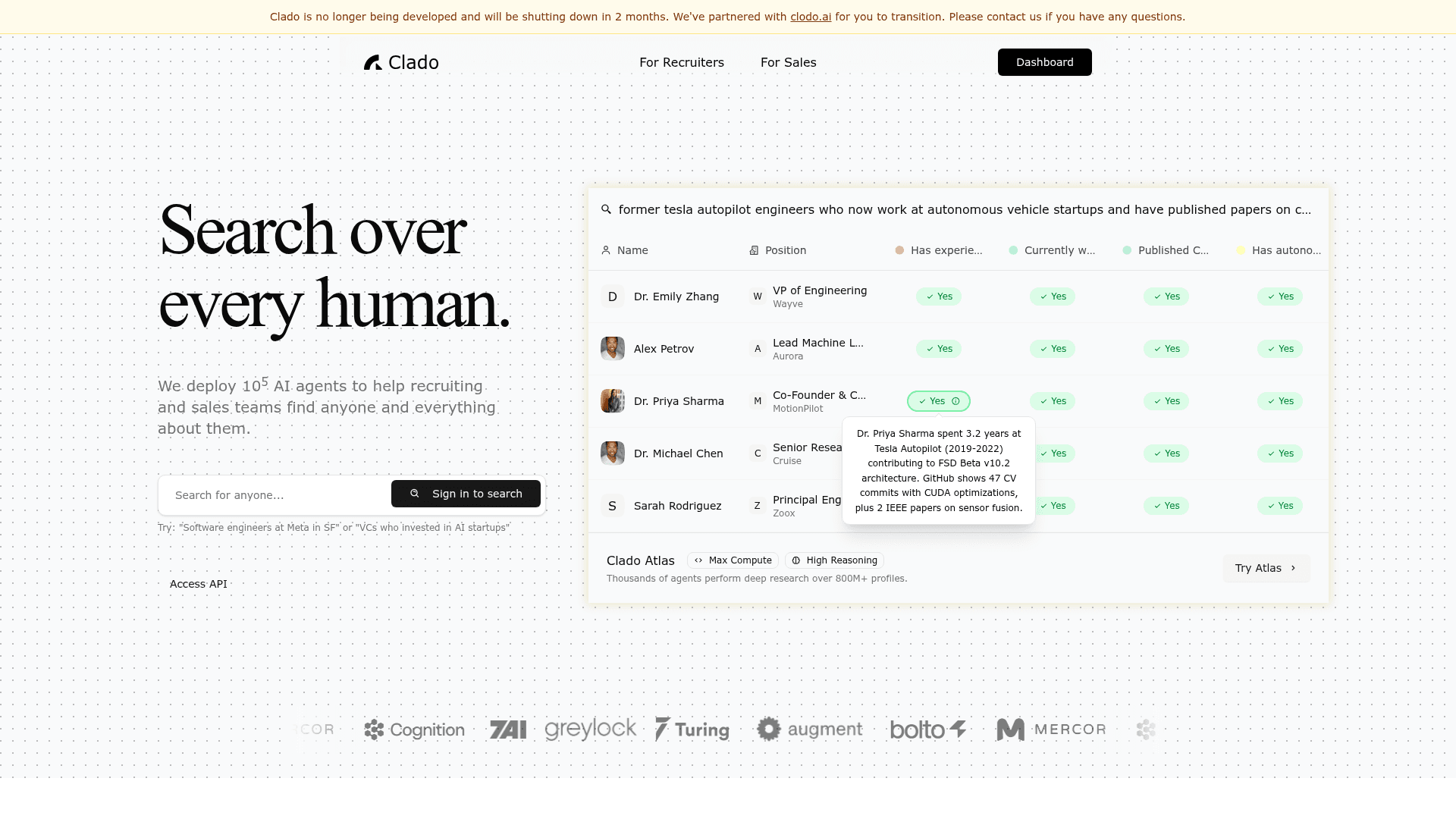 Interface Clado, Pesquisa Abrangente de Talentos para Recrutadores, exibindo funcionalidades