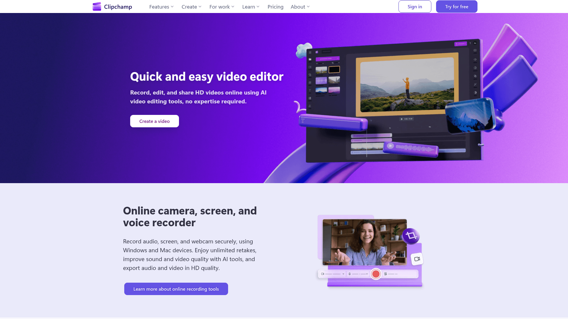 Interface Clipchamp, Edição de Vídeo Rápida e Fácil com IA, exibindo funcionalidades