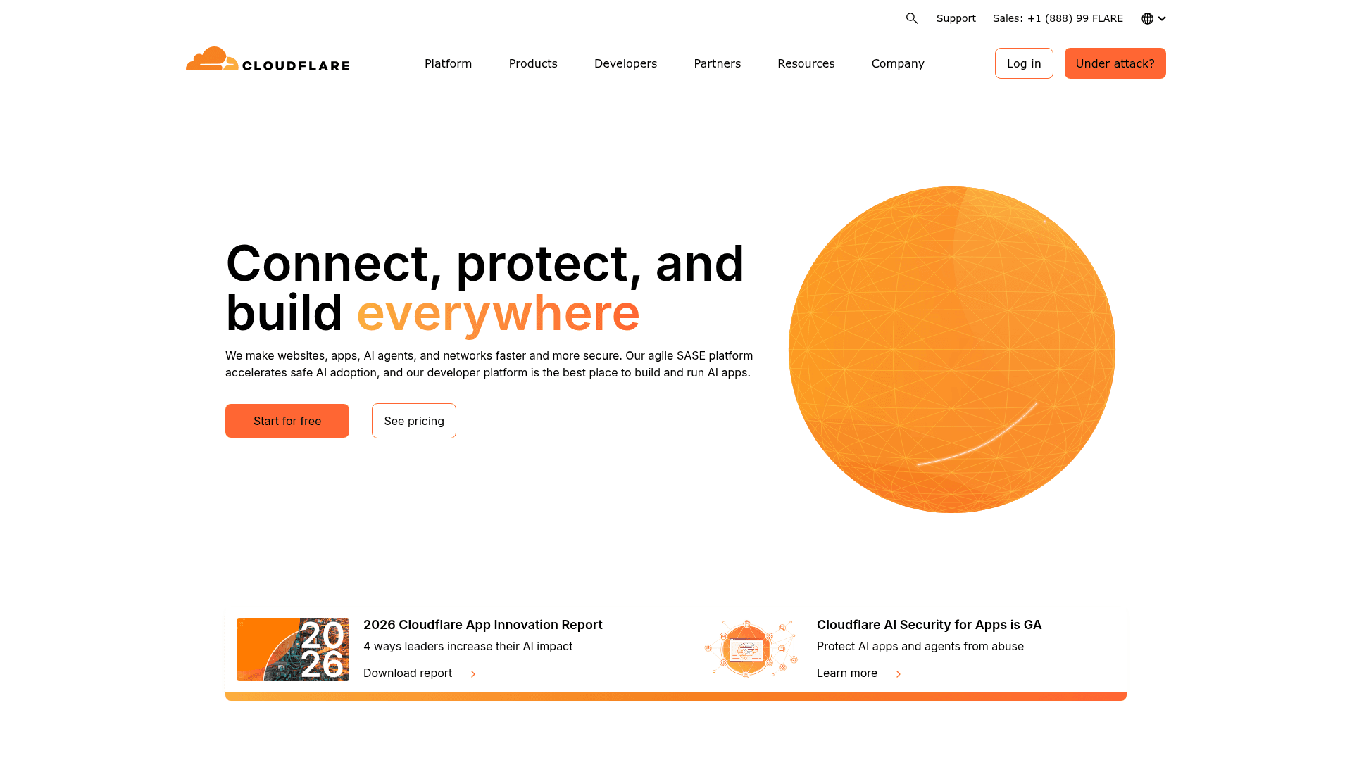 Interface Cloudflare, Conecte, Proteja e Desenvolva em Qualquer Lugar, exibindo funcionalidades