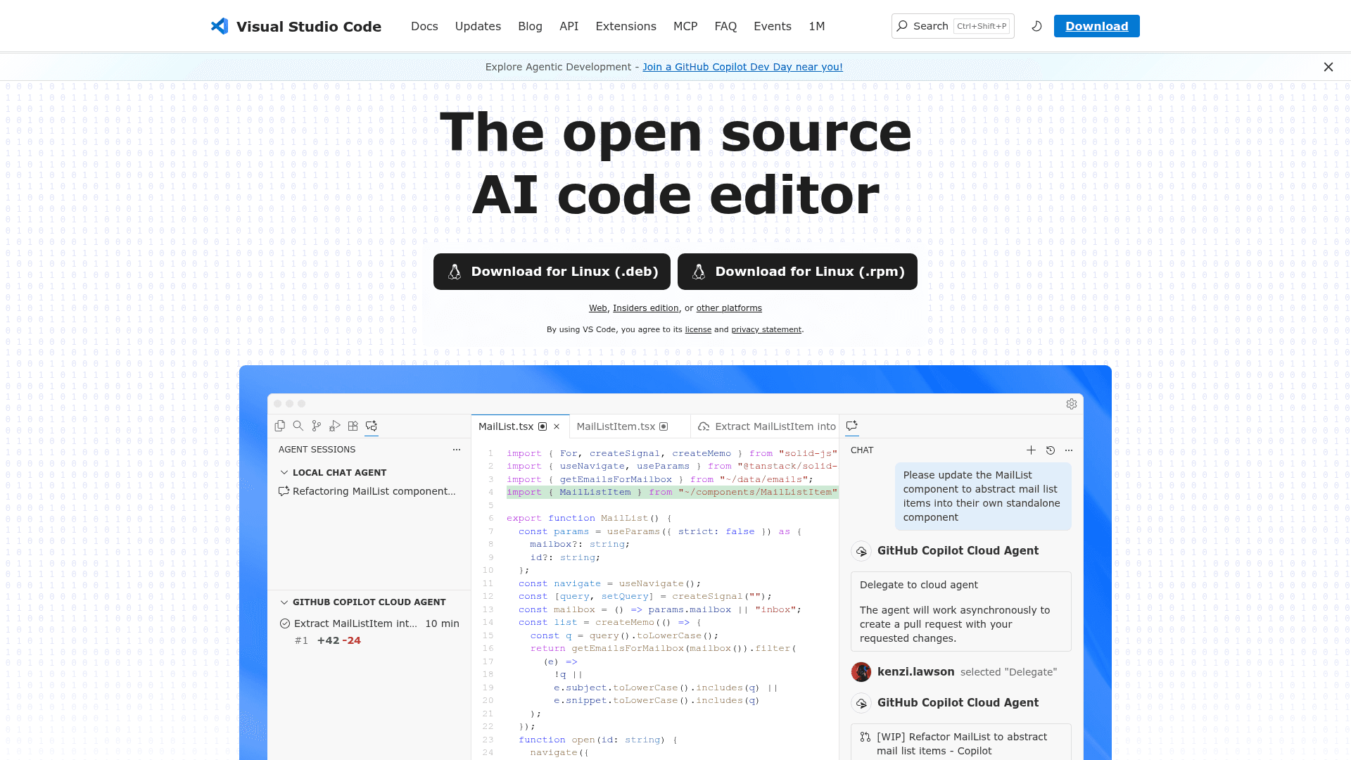 Interface Visual Studio Code, O editor de código-fonte de IA open source, exibindo funcionalidades
