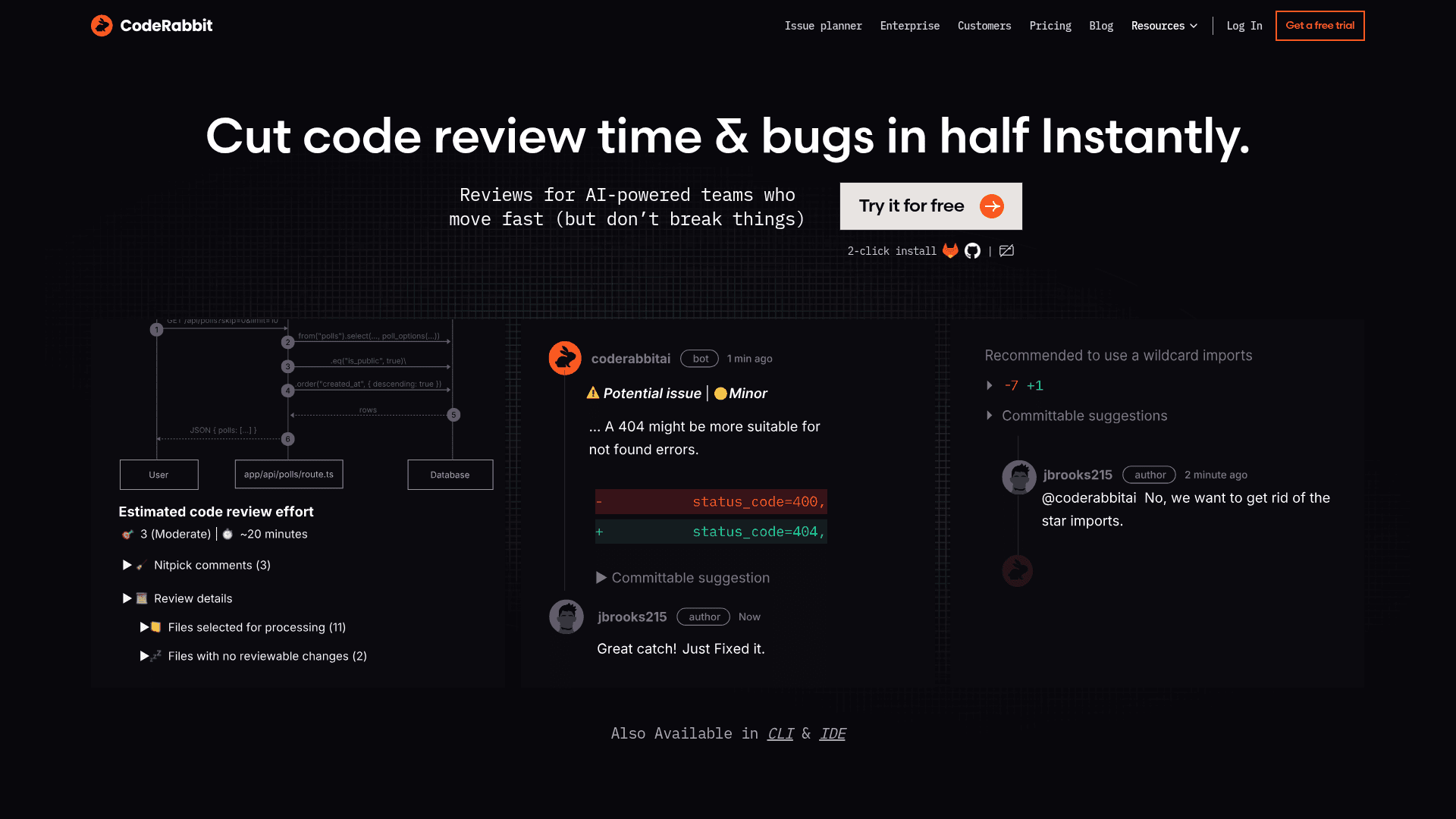 Interface CodeRabbit, Revisão de Código com IA para Equipes Ágeis, exibindo funcionalidades