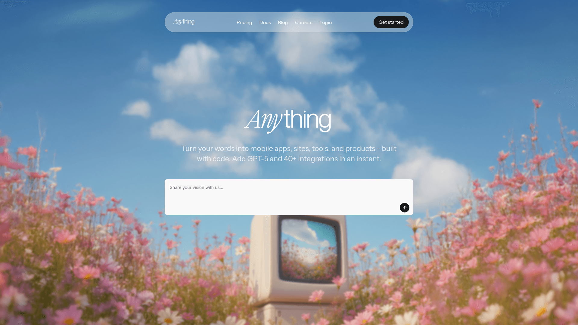 Interface Anything, Crie Aplicativos e Sites com IA, exibindo funcionalidades