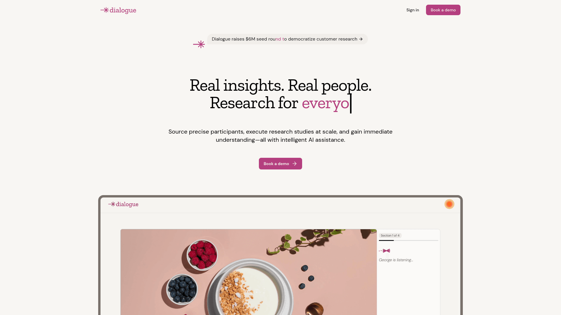 Interface Dialogue AI, Insights Reais. Pessoas Reais. Pesquisa para Criadores., exibindo funcionalidades