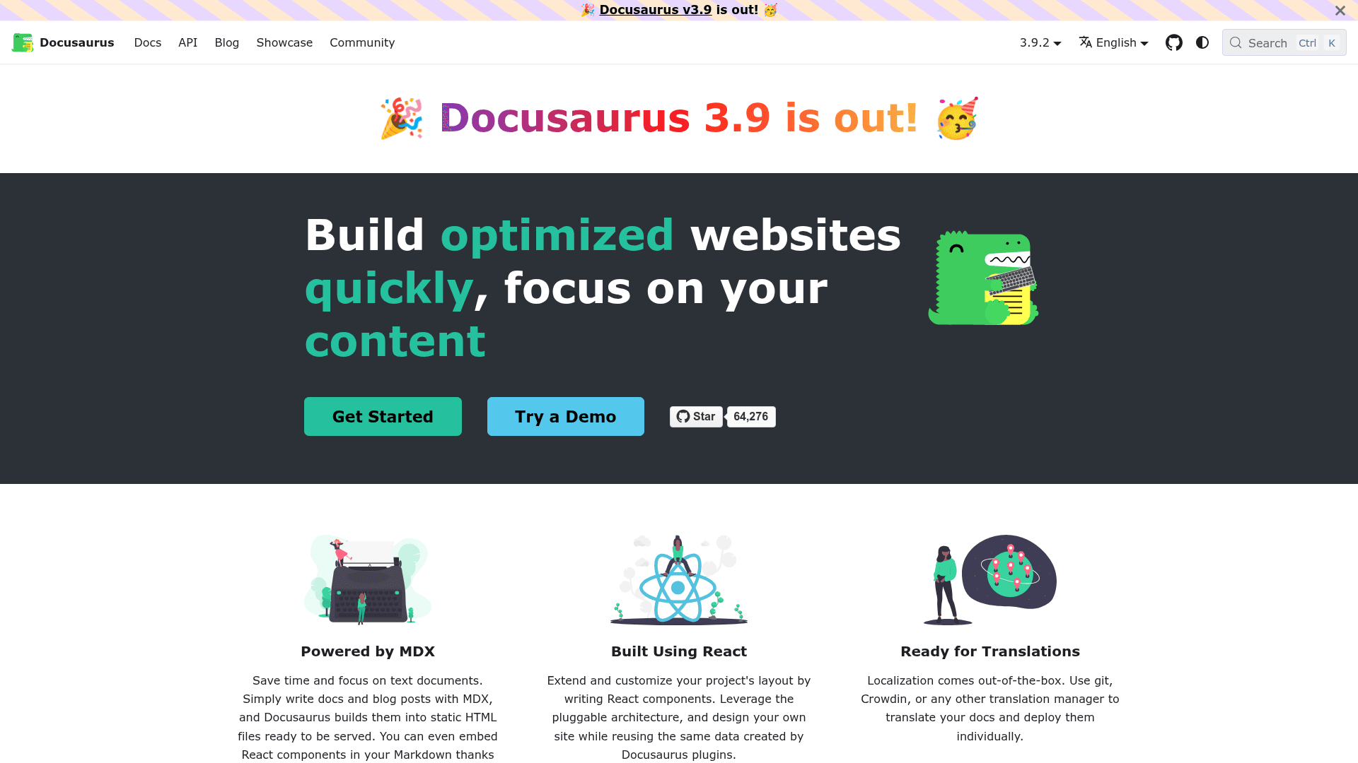 Interface Docusaurus, Crie sites otimizados e foque no seu conteúdo, exibindo funcionalidades