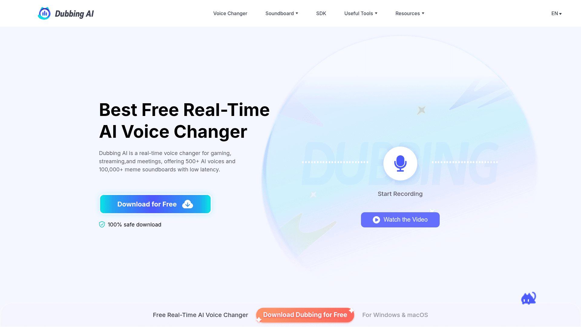 Interface Dubbing AI, Trocos de Voz em Tempo Real para Jogos e Streams, exibindo funcionalidades