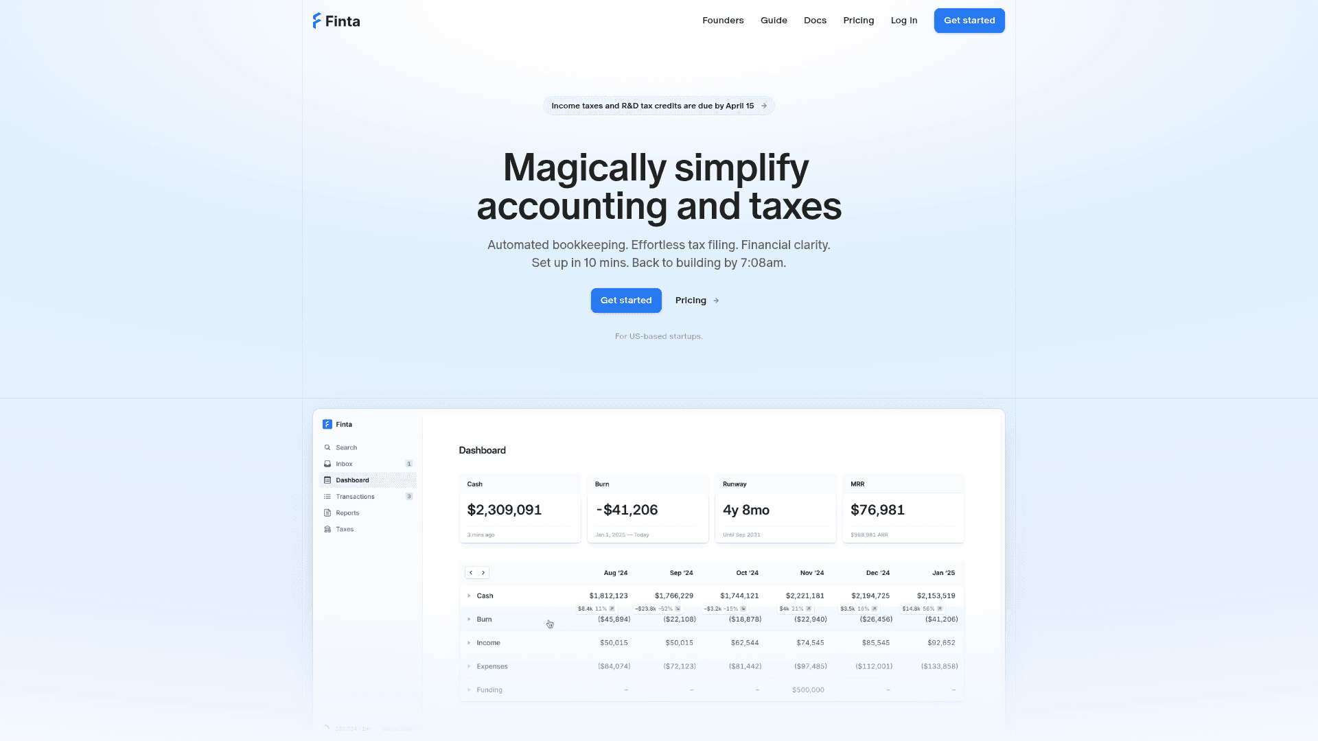 Interface Finta, Contabilidade e Impostos Simplificados, exibindo funcionalidades