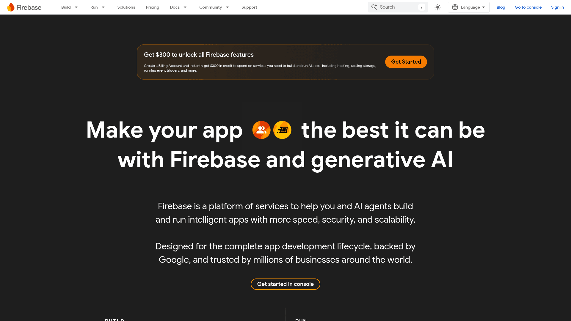 Interface Firebase, Crie e execute apps incríveis com IA, exibindo funcionalidades
