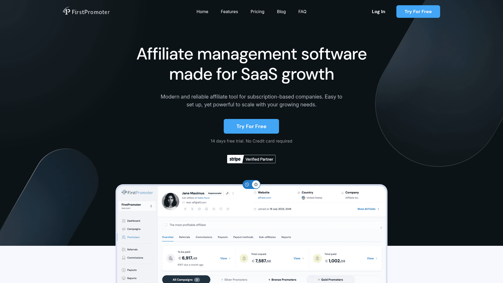 Interface FirstPromoter, Software de Afiliados para o Crescimento SaaS, exibindo funcionalidades