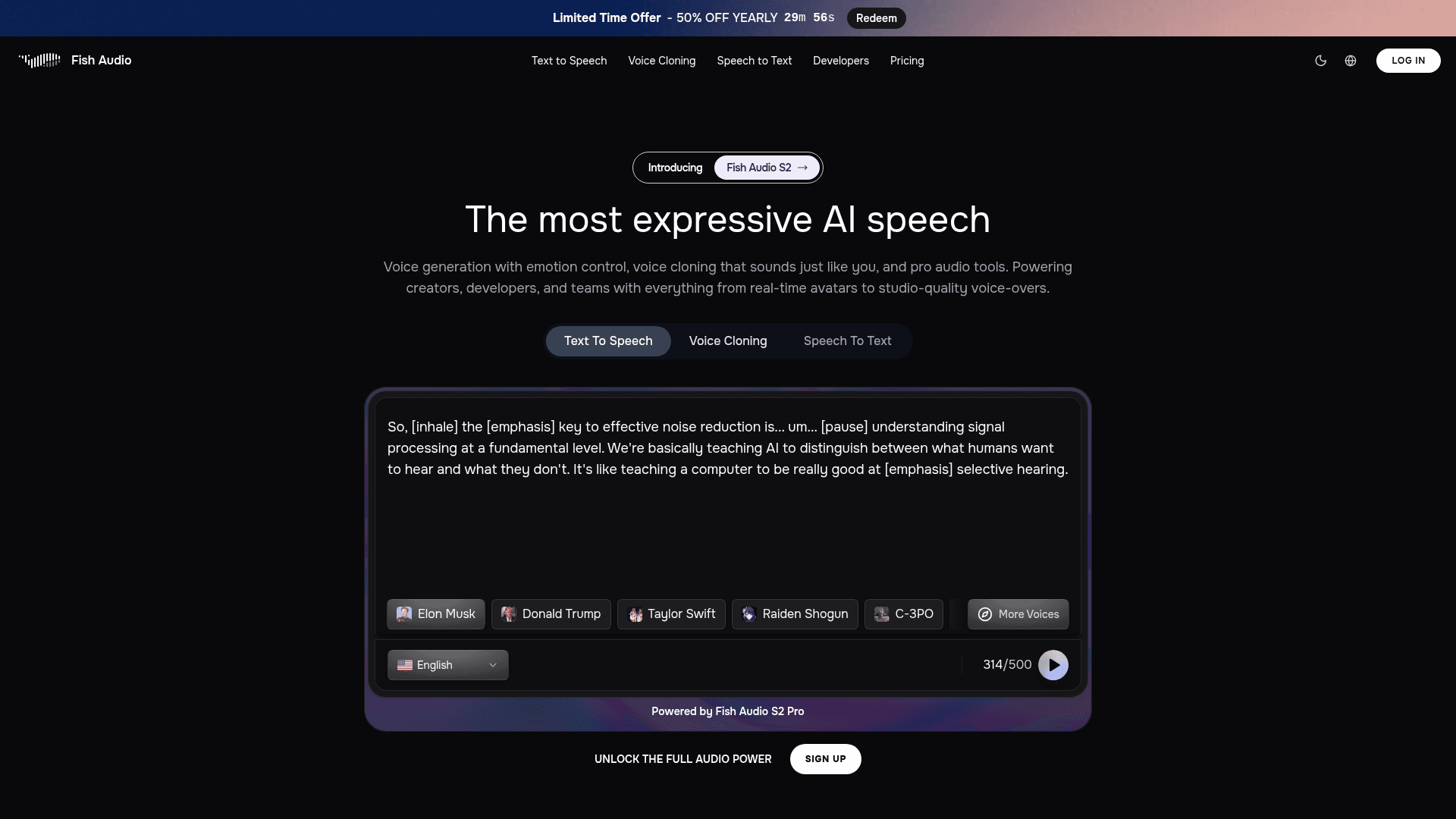 Interface Fish Audio, Clonagem de Voz e TTS com Fish Speech 2.0, exibindo funcionalidades