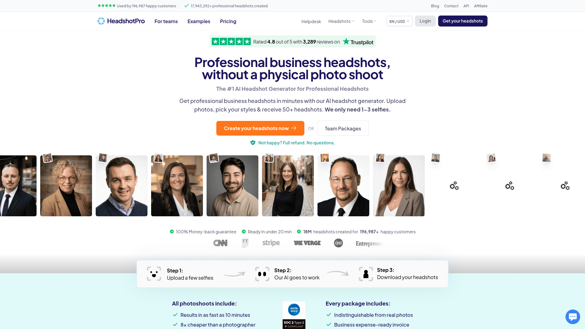 Interface HeadshotPro, Gerador de Headshots Profissionais com IA, exibindo funcionalidades