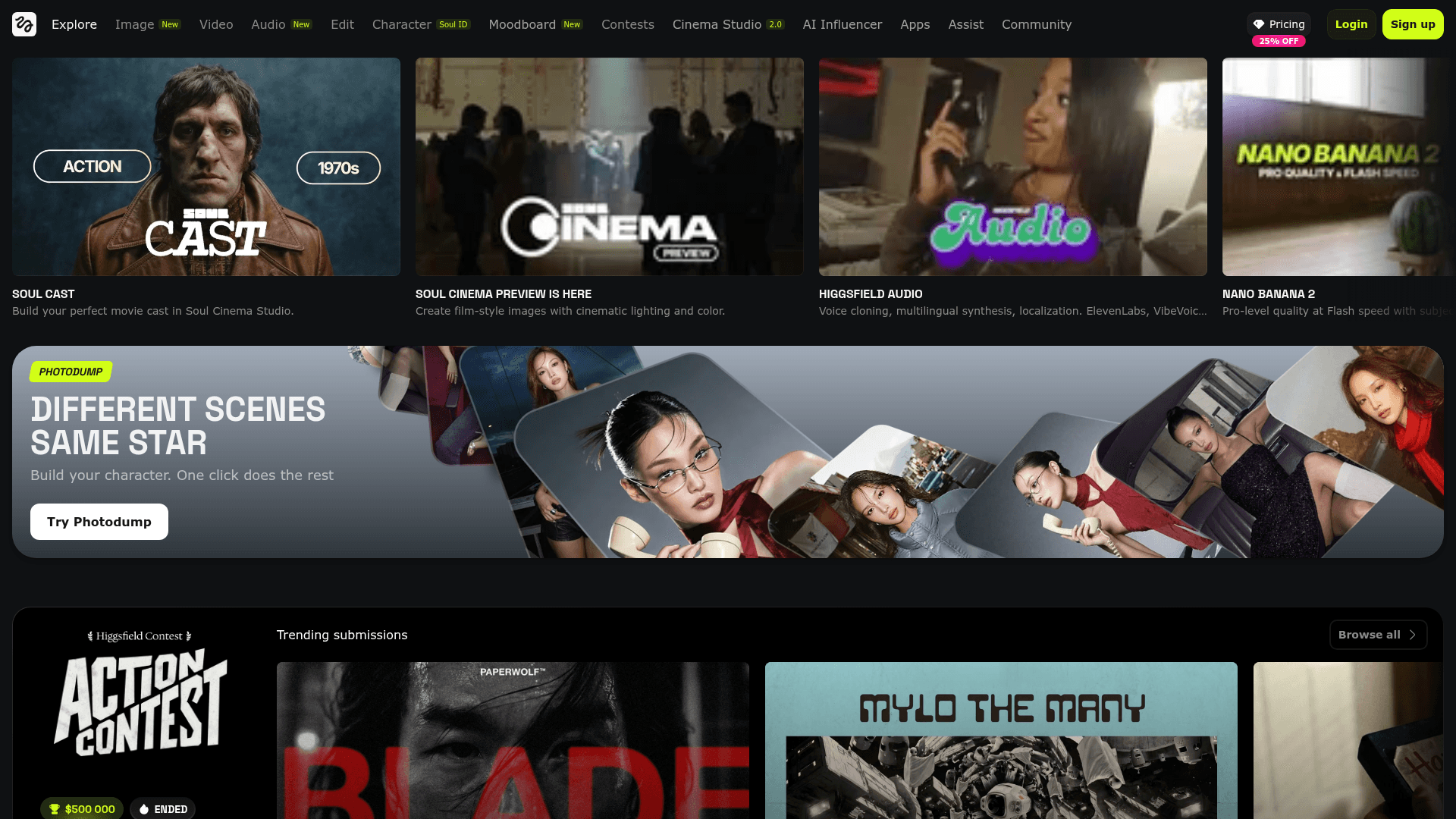Interface Higgsfield AI, controle cinematográfico avançado com IA, exibindo funcionalidades
