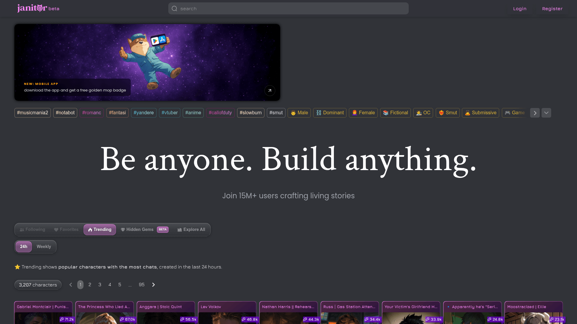 Interface Janitor AI, Crie e Converse com Personagens IA, exibindo funcionalidades