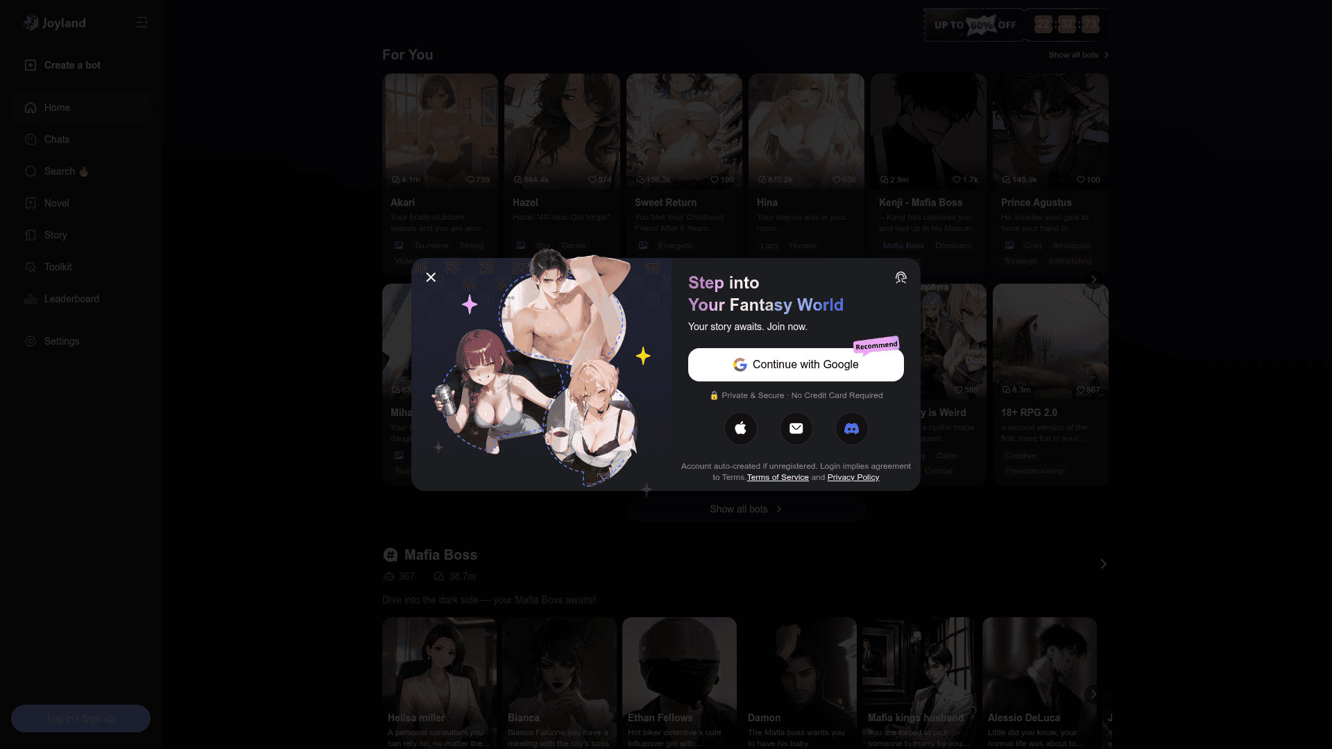 Interface Joyland, Crie Sua IA de Chat Personalizada, exibindo funcionalidades