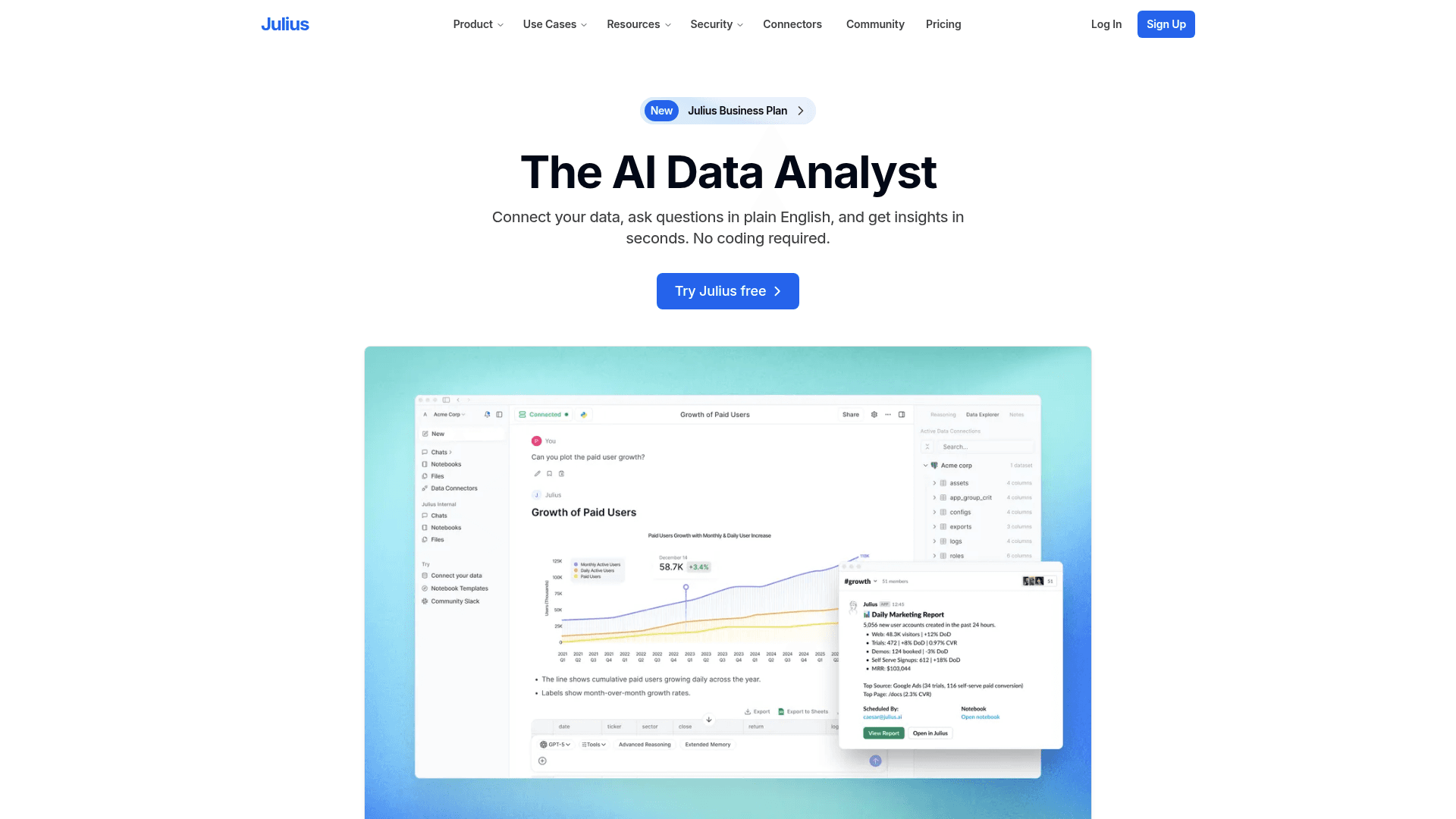 Interface Julius AI, Seu Analista de Dados com IA, exibindo funcionalidades