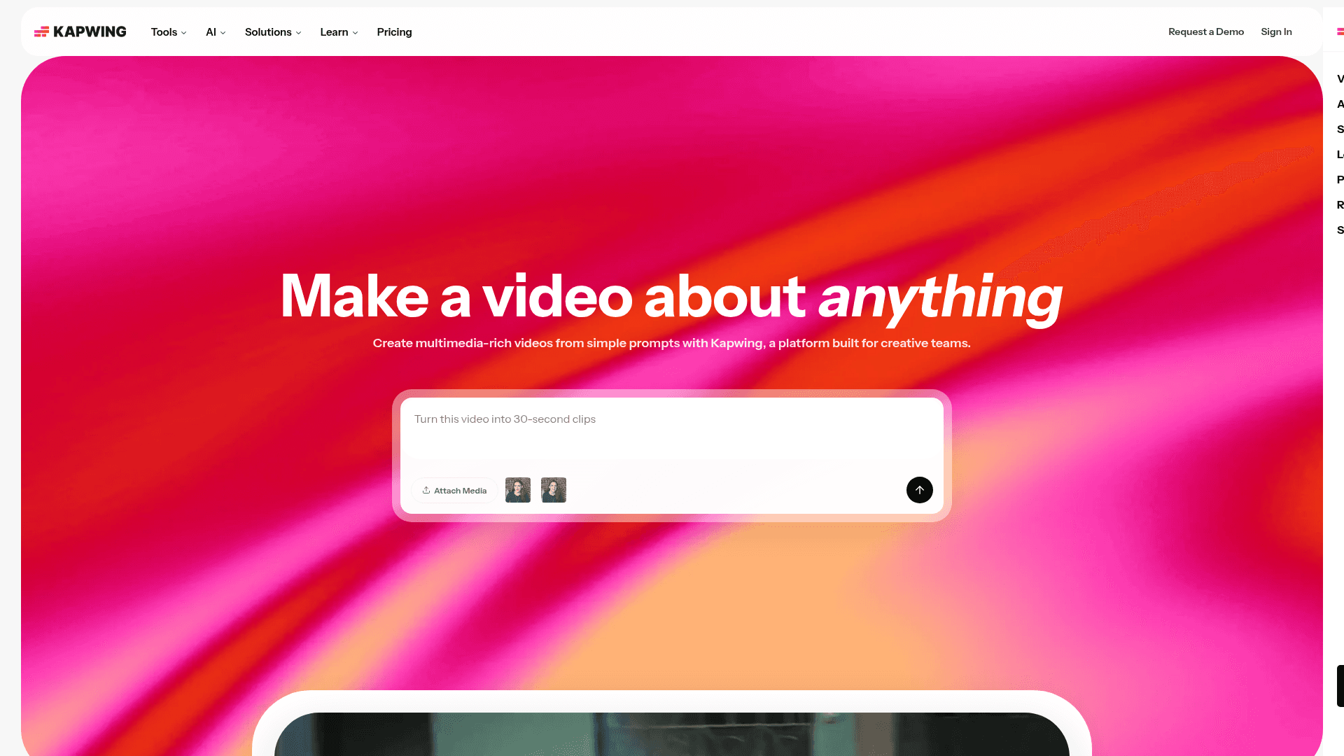 Interface Kapwing, Crie Vídeos Incríveis Com IA, exibindo funcionalidades