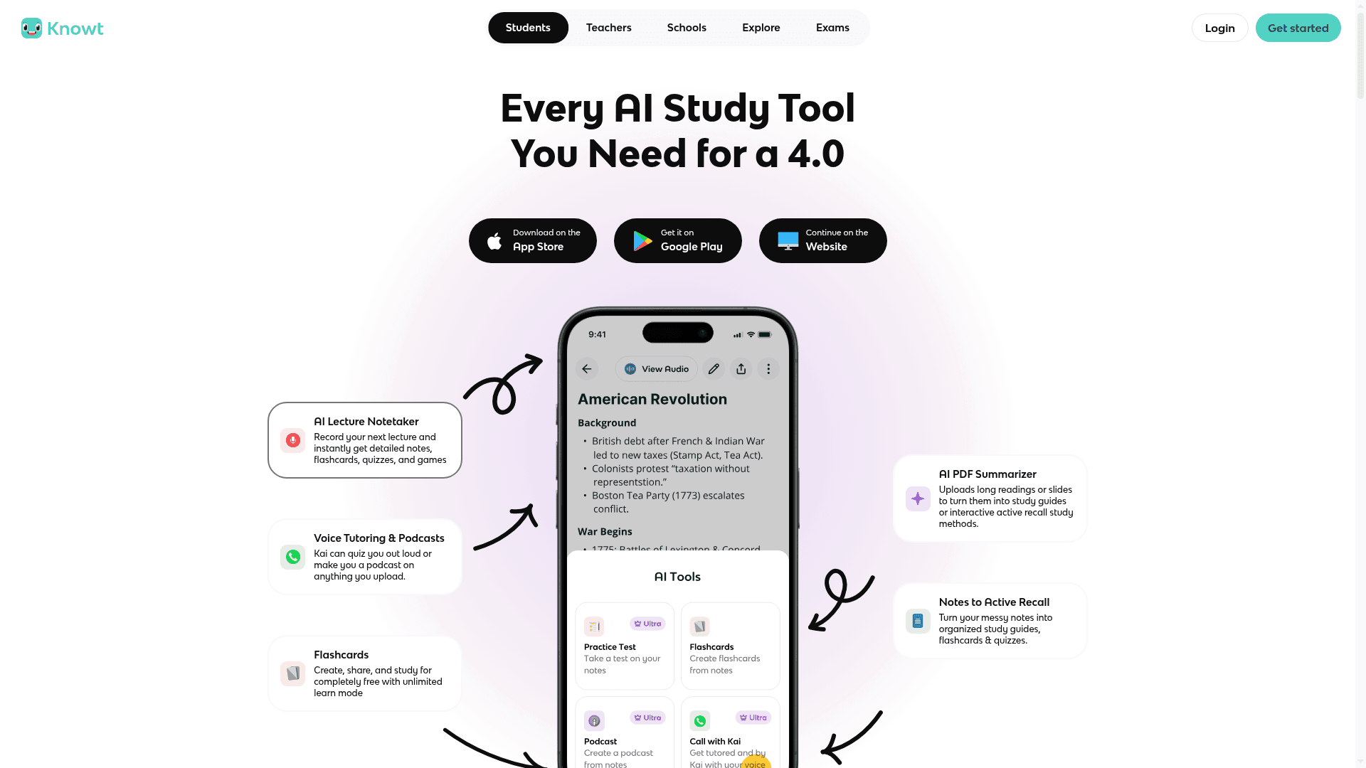 Interface Knowt, Ferramenta de Estudo com IA para Notas Perfeitas, exibindo funcionalidades