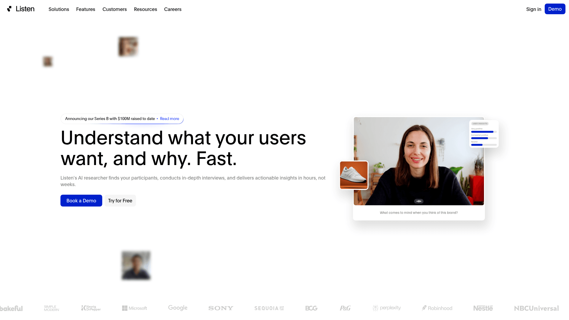 Interface Listen, Entenda seus usuários rapidamente com IA, exibindo funcionalidades