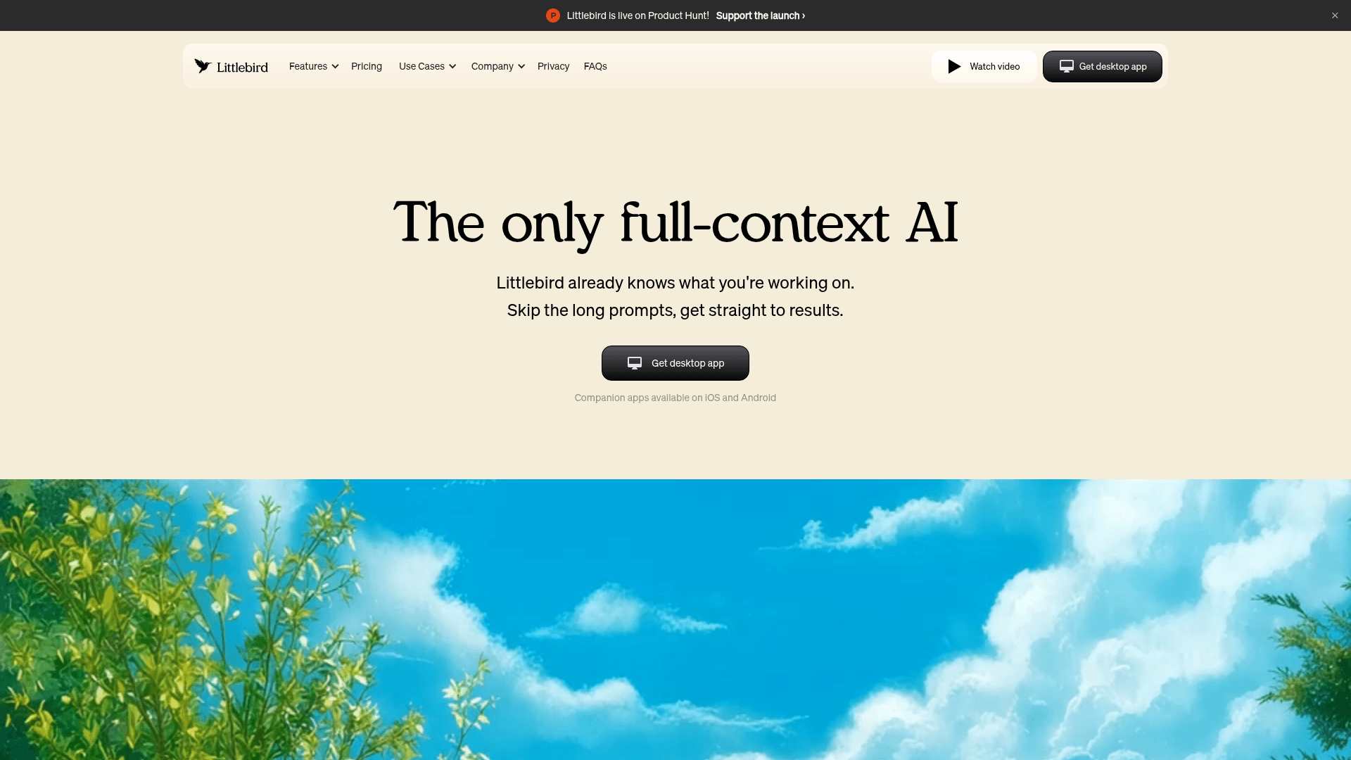 Interface Littlebird, Sua IA Pessoal de Contexto Completo, exibindo funcionalidades