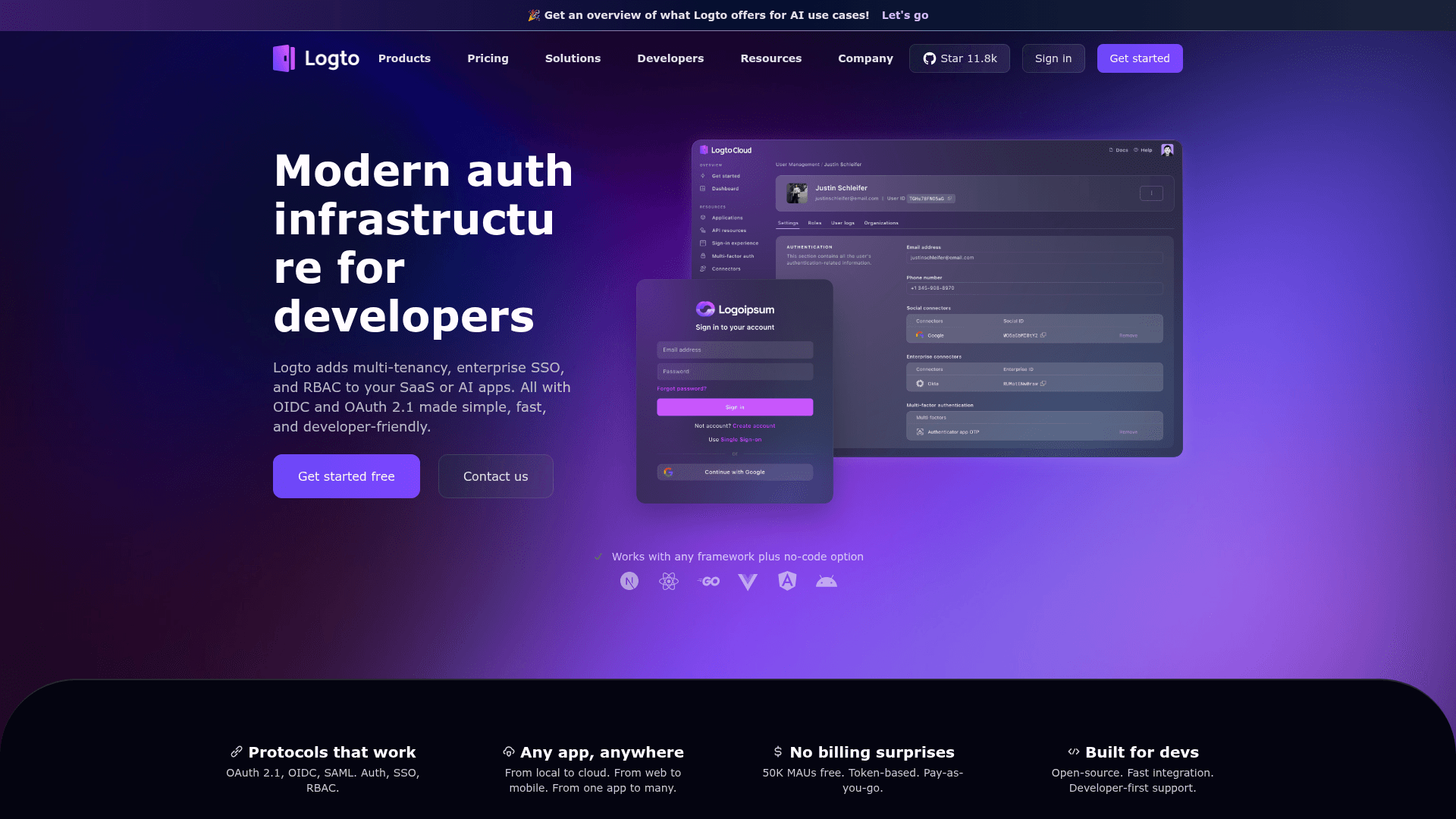Interface Logto, Autenticação Abrangente e Segura para Desenvolvedores, exibindo funcionalidades