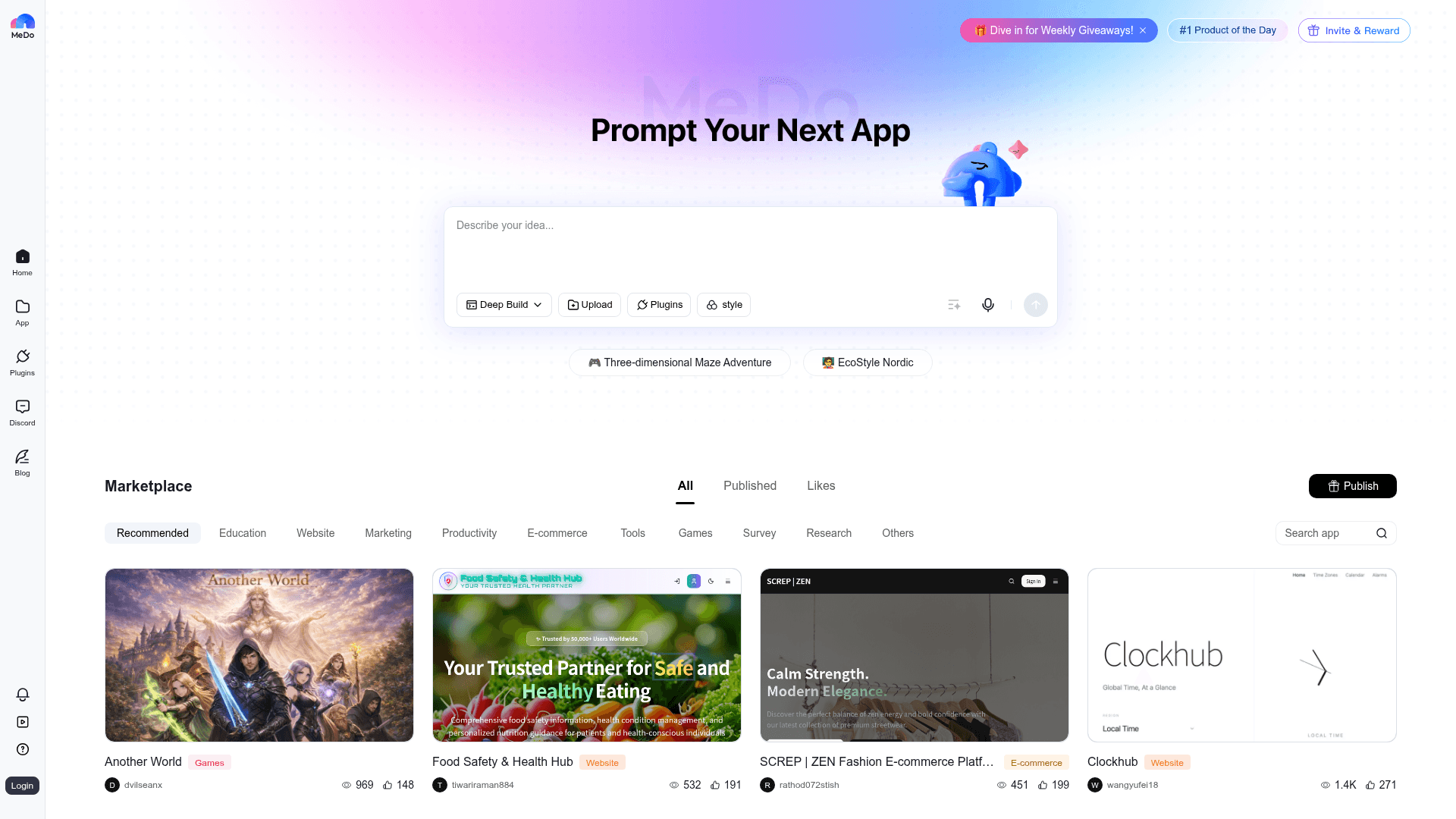 Interface Medo, Crie Aplicativos e Sites com IA, exibindo funcionalidades