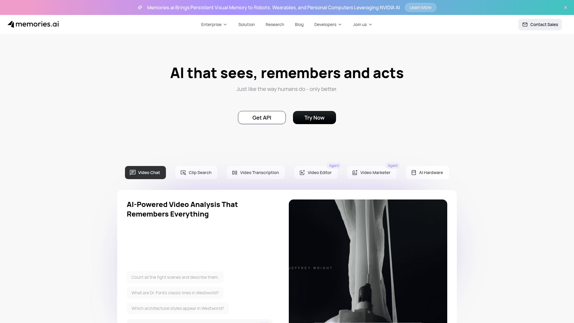 Interface Memories.ai, Análise de Vídeo com IA que Lembra Tudo, exibindo funcionalidades