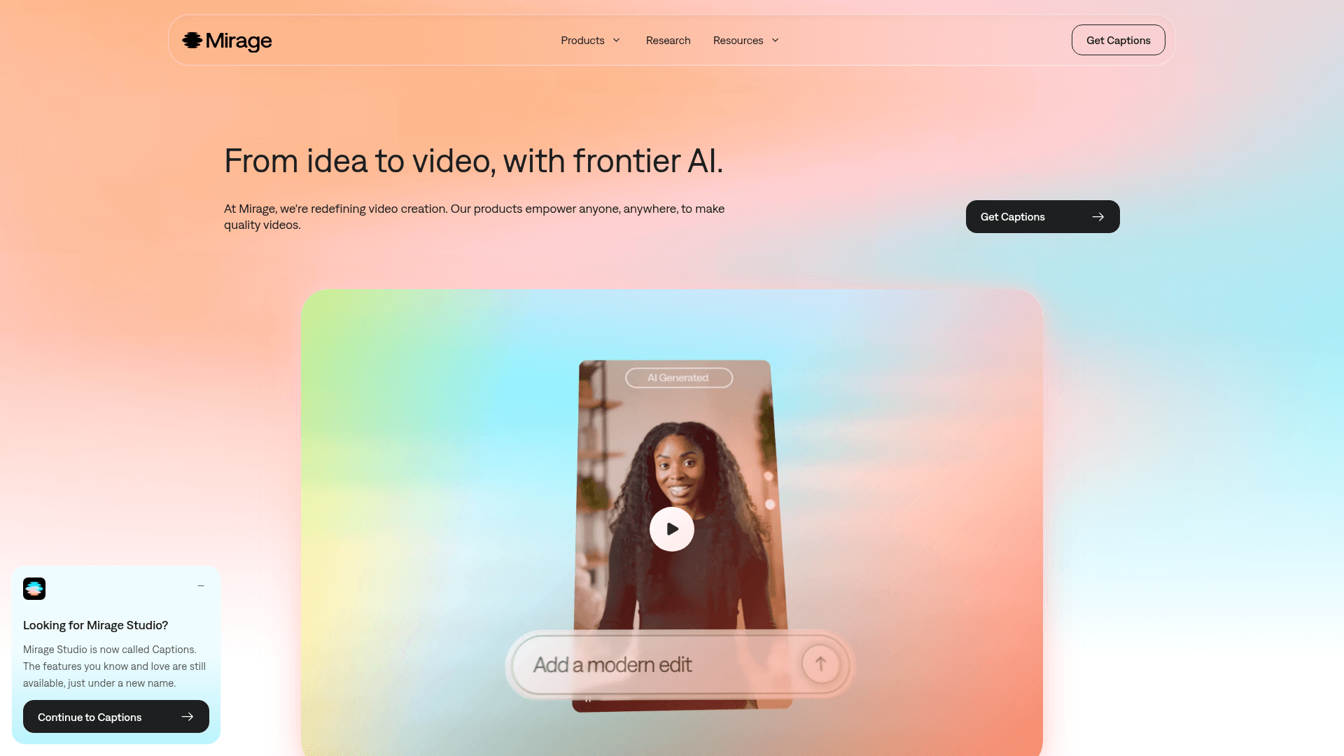 Interface Mirage, Da Ideia ao Vídeo com IA de Ponta, exibindo funcionalidades