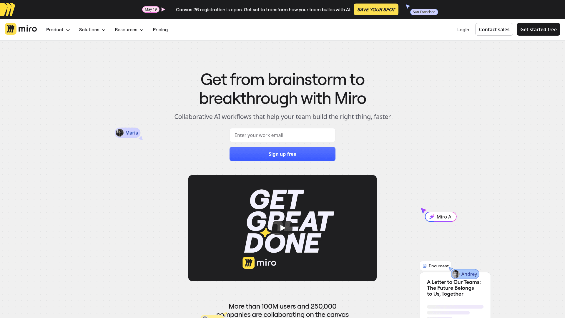 Interface Miro, Colaboração Visual e Produtividade com IA, exibindo funcionalidades