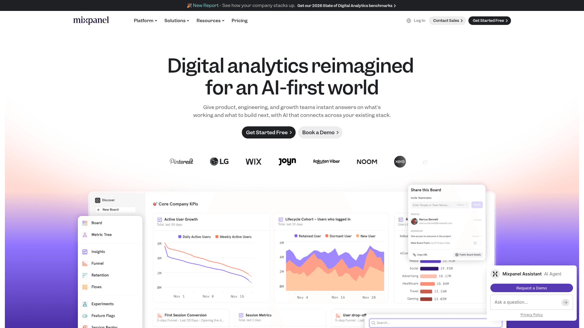 Interface Mixpanel, Análise Digital Reimaginada para IA, exibindo funcionalidades